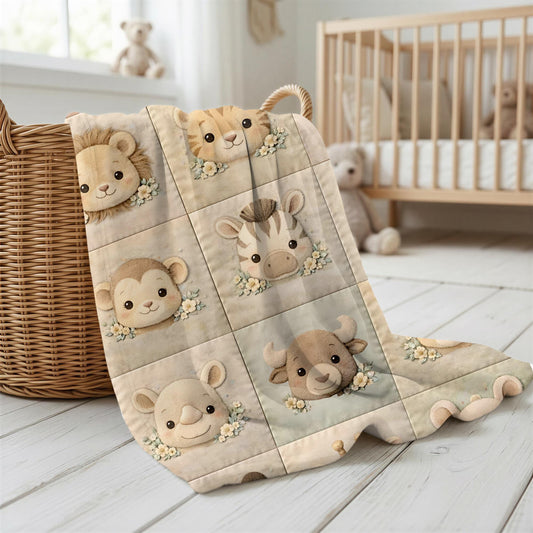 Personalized velveteen baby blanket with a quilt-inspired patchwork of soft safari animals. A cozy, timeless newborn or baby shower.