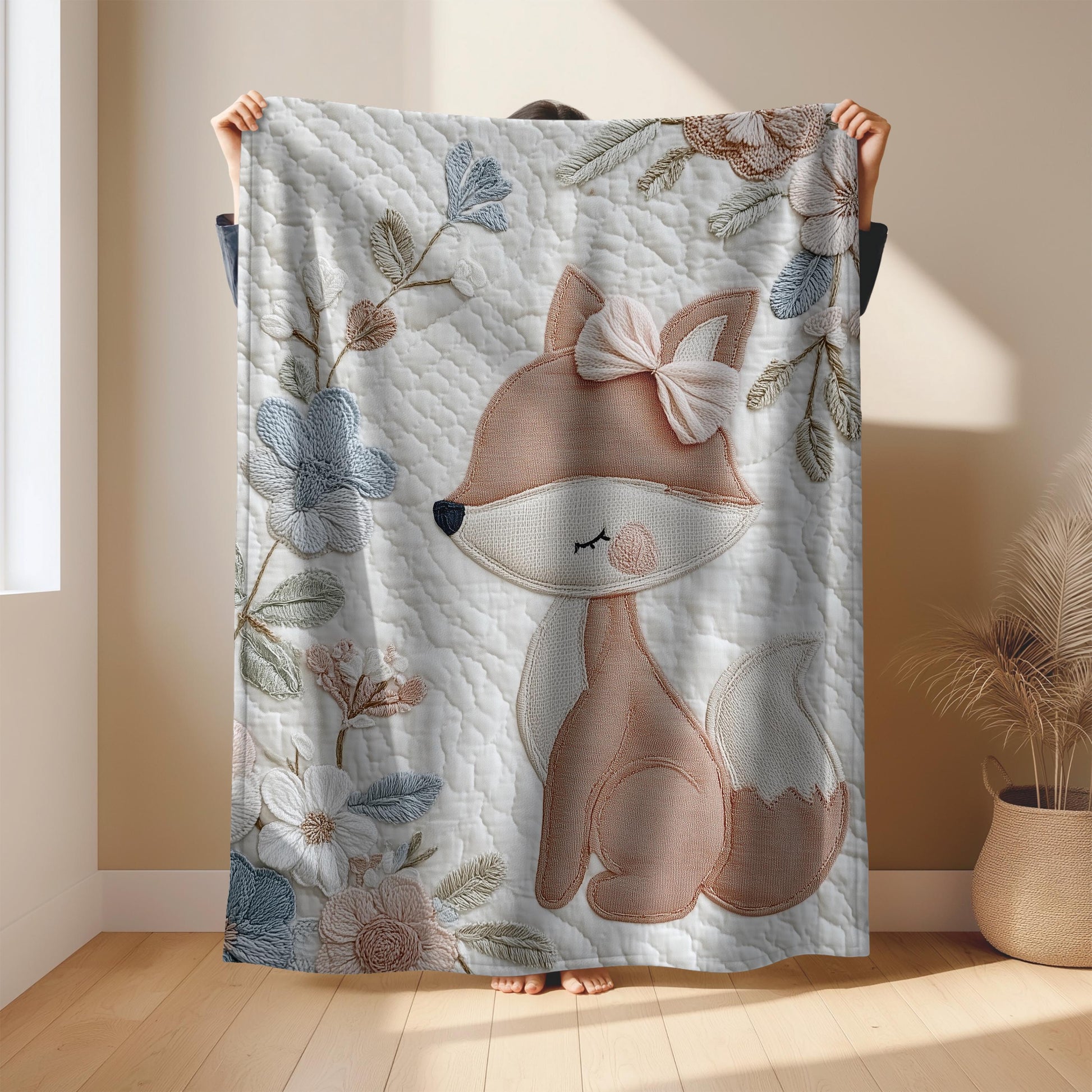 Fox Baby Blanket Embroidered look • Fox With Flowers • Woodland Blanket • Neutral Nursery Decor • Baby shower Gift