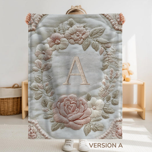 Personalized floral monogram baby blanket with elegant embroidered-look design. Soft, cozy fabric in calm neutral tones — a timeless nursery gift.