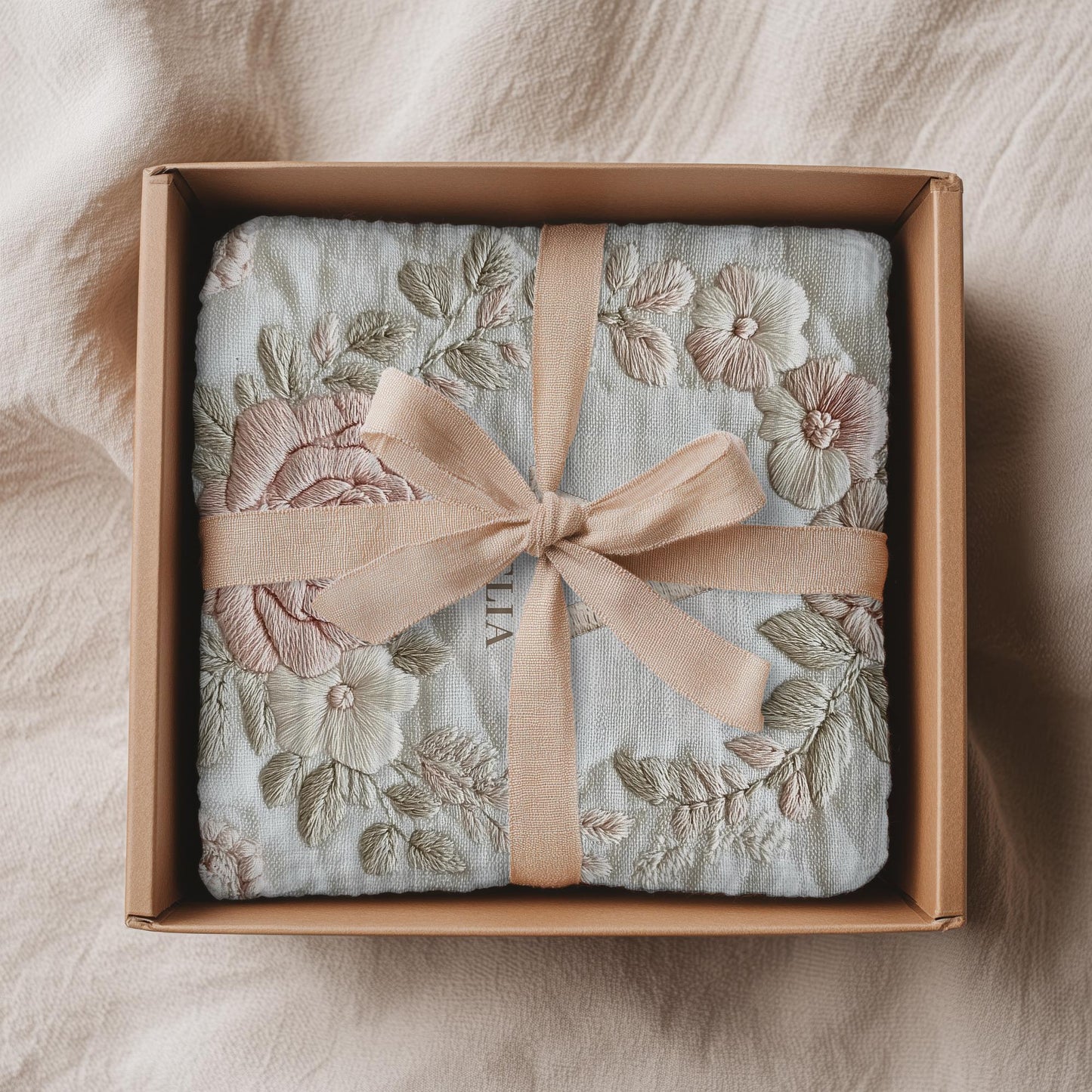 Personalized floral monogram baby blanket with elegant embroidered-look design. Soft, cozy fabric in calm neutral tones — a timeless nursery gift.