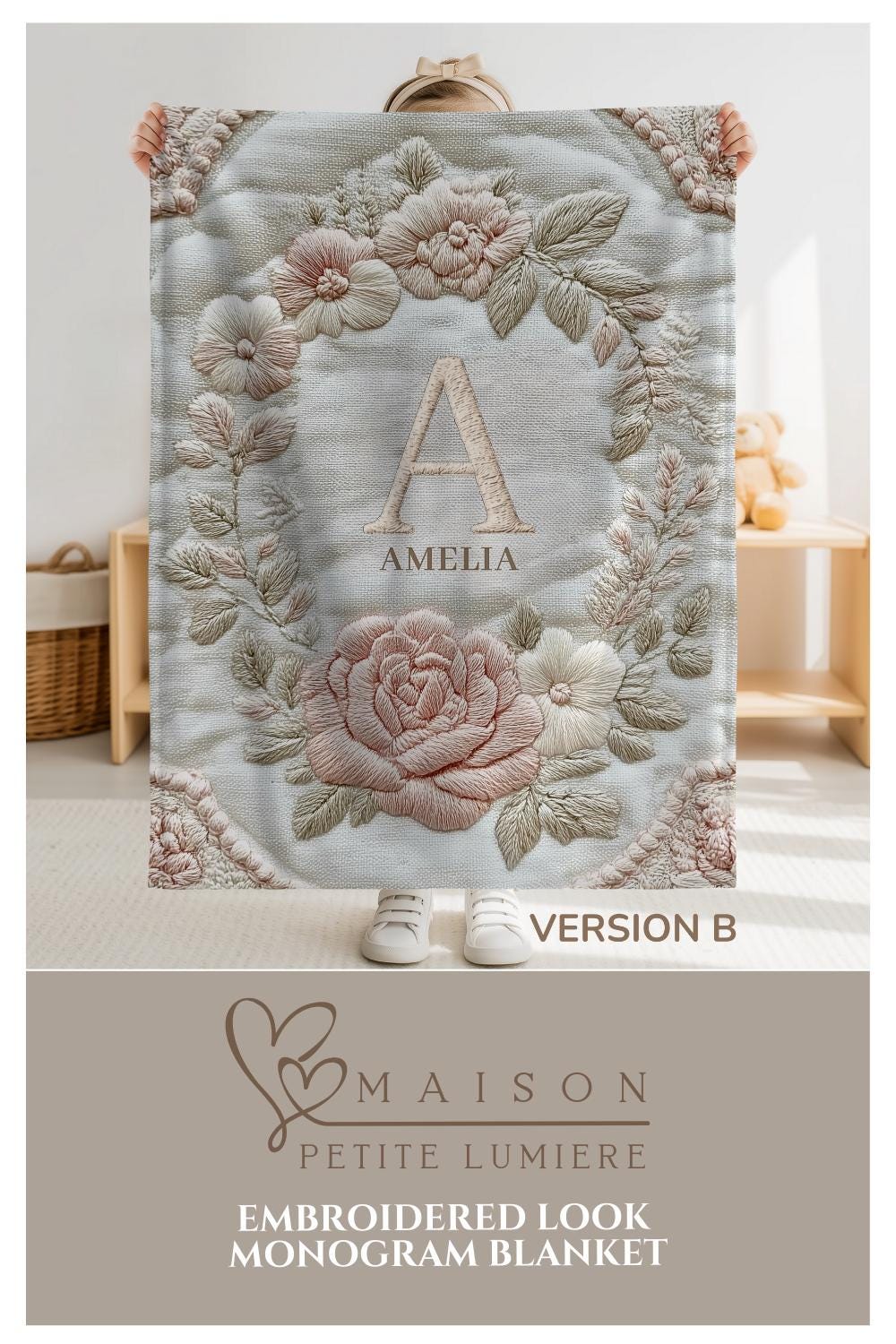 Personalized floral monogram baby blanket with elegant embroidered-look design. Soft, cozy fabric in calm neutral tones — a timeless nursery gift.