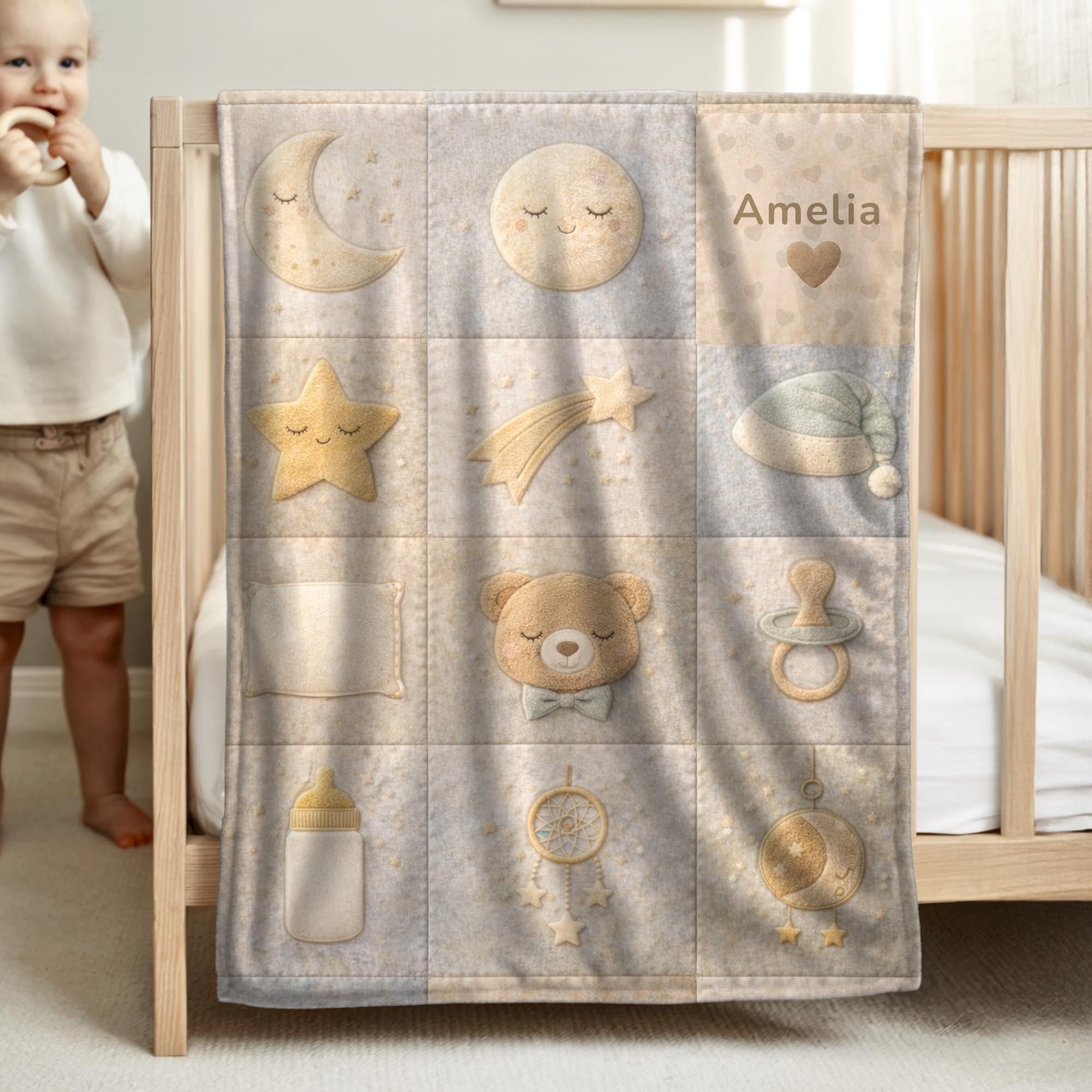 Personalized Patchwork Baby Blanket with Name • Boho Good Night Sleep Quilt • Moon Stars Nursery Blanket • Neutral Newborn Gift