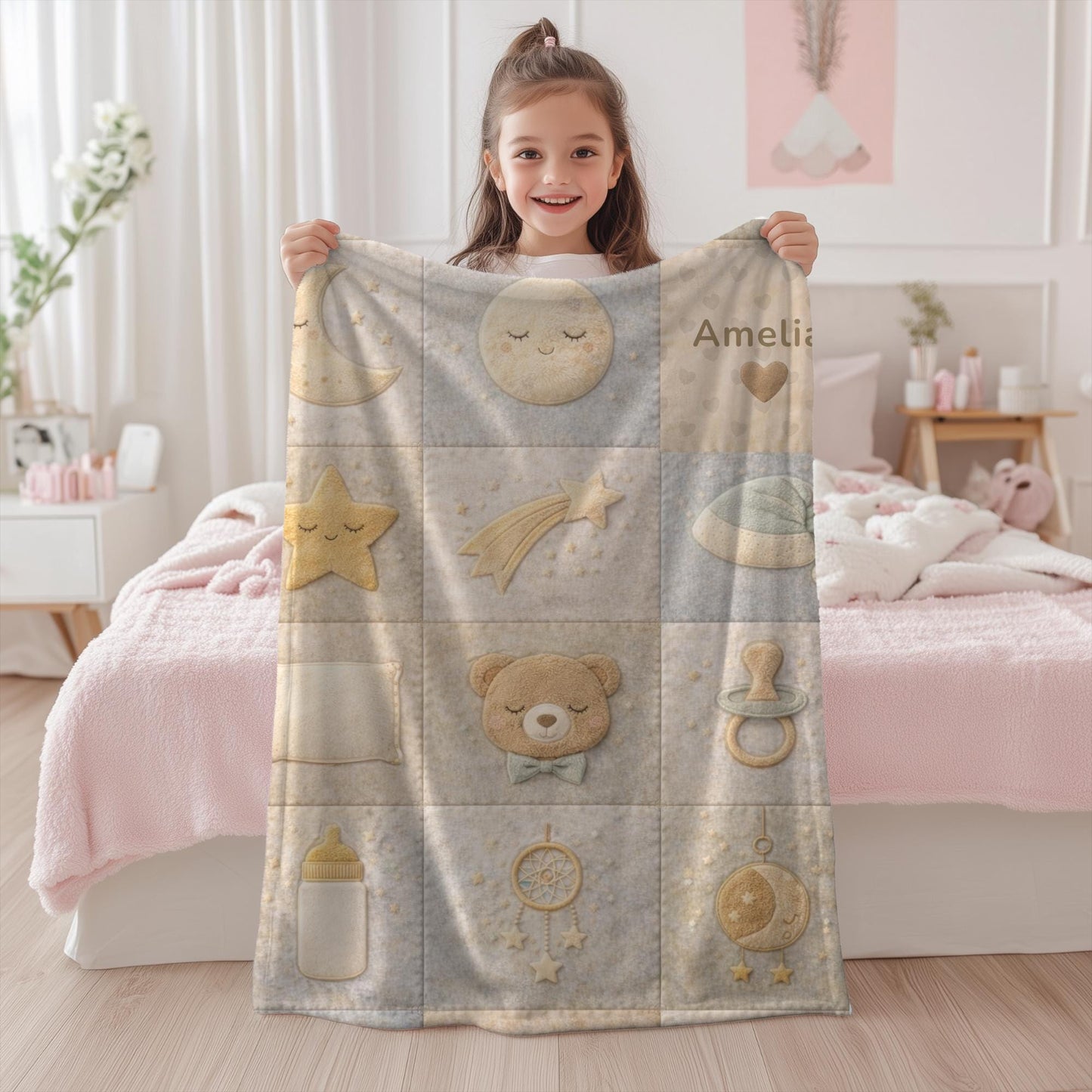 Personalized Patchwork Baby Blanket with Name • Boho Good Night Sleep Quilt • Moon Stars Nursery Blanket • Neutral Newborn Gift
