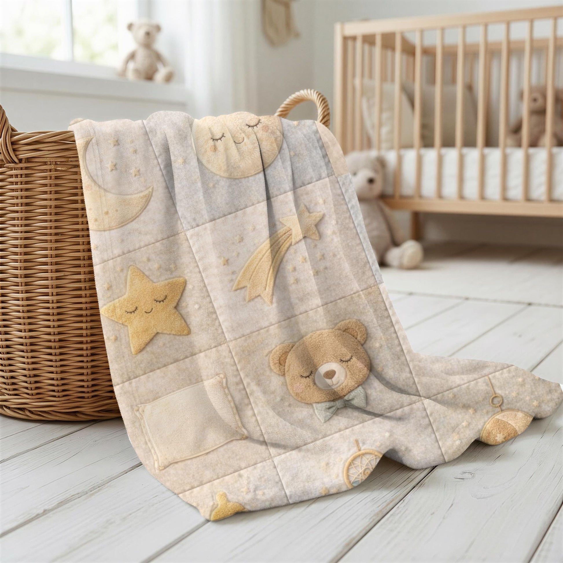 Personalized Patchwork Baby Blanket with Name • Boho Good Night Sleep Quilt • Moon Stars Nursery Blanket • Neutral Newborn Gift