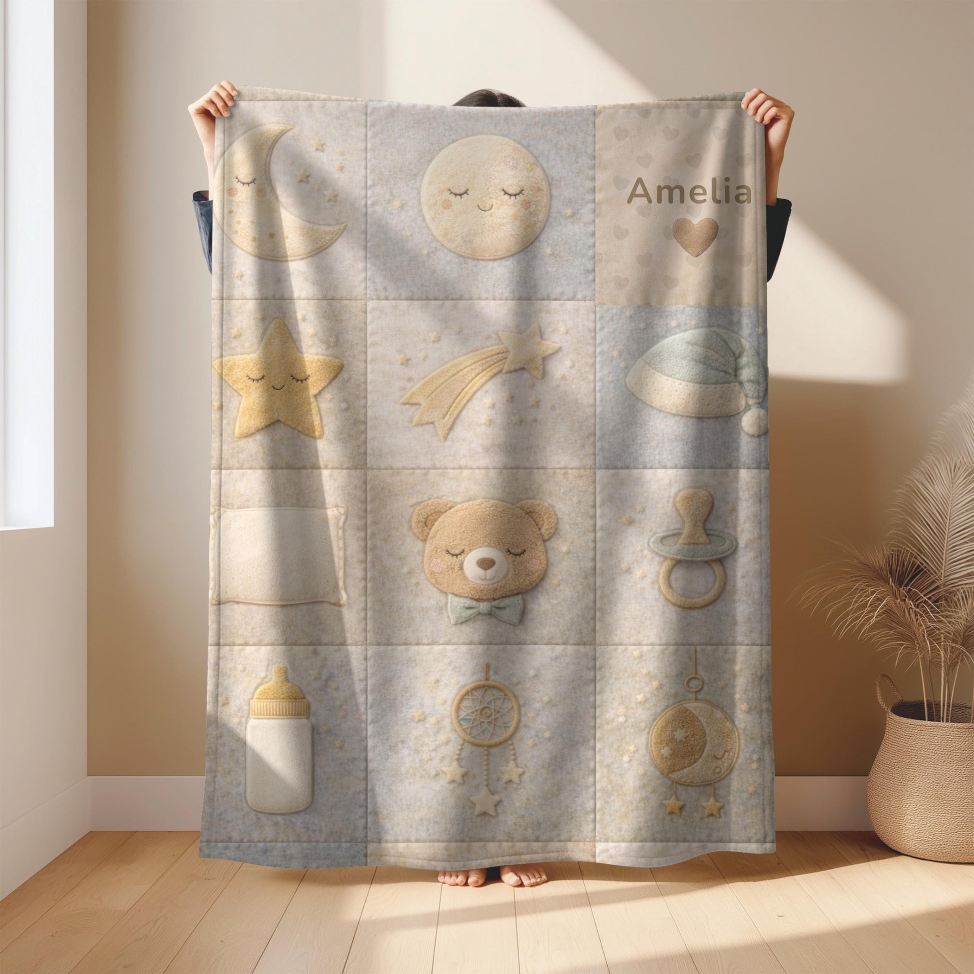 Personalized Patchwork Baby Blanket with Name • Boho Good Night Sleep Quilt • Moon Stars Nursery Blanket • Neutral Newborn Gift