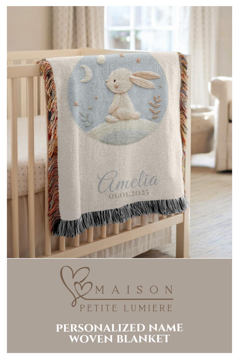 Personalized Bunny Woven Blanket • Embroidered-Look Baby Bunny • Custom Name & Birth Date • Nursery Tapestry Throw • Baby Shower Gift