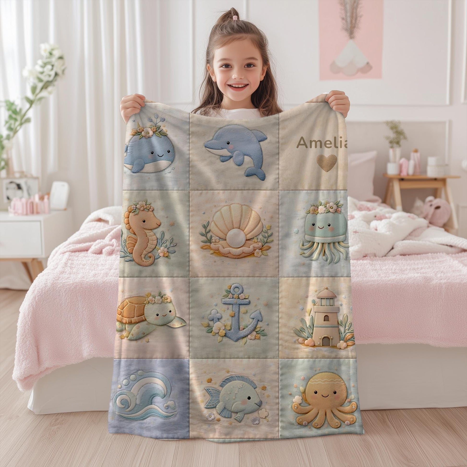 Personalized patchwork look baby blanket with name, whale, octopus and crab in a soft underwater quilt design. Cozy newborn blanket and baby gift.