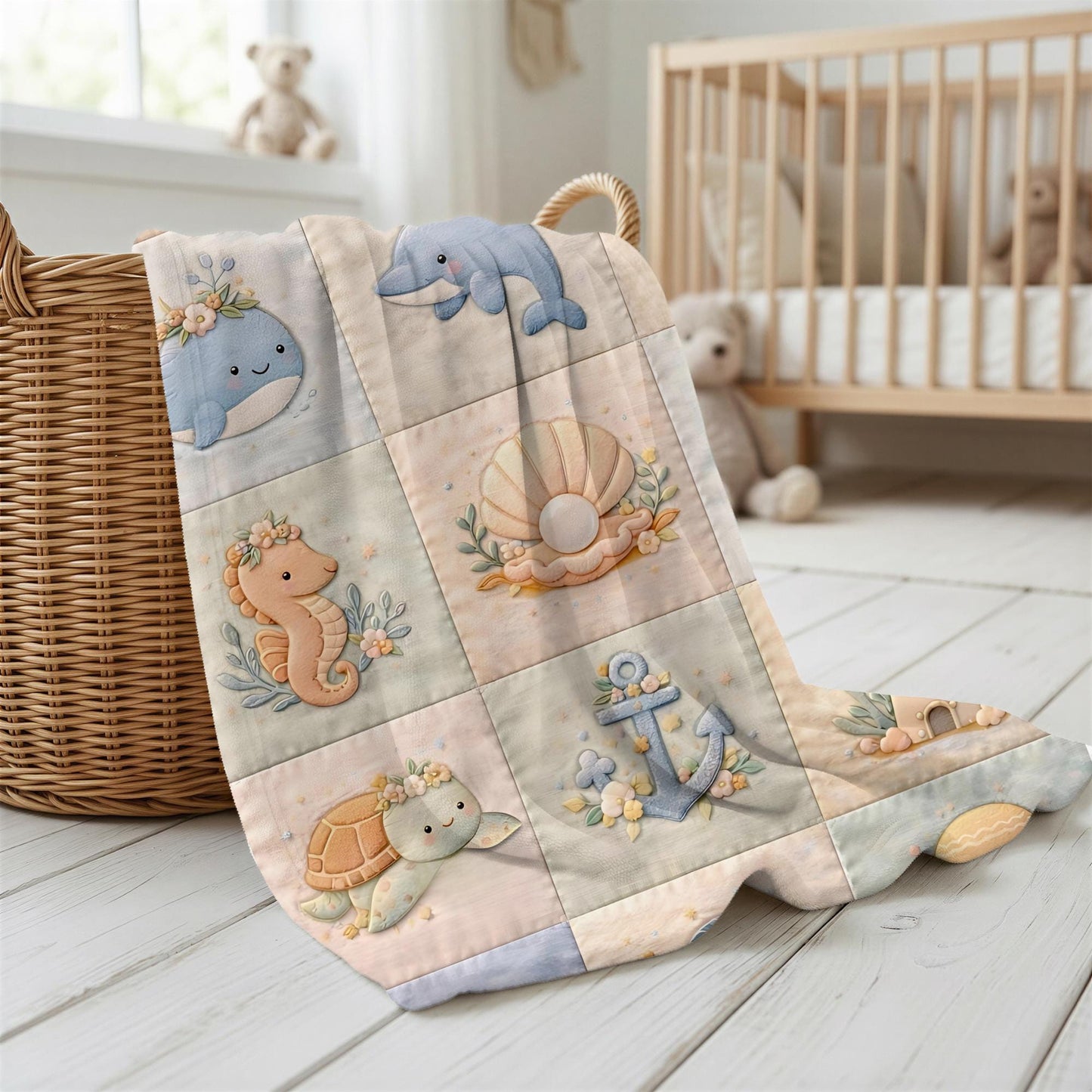 Personalized patchwork look baby blanket with name, whale, octopus and crab in a soft underwater quilt design. Cozy newborn blanket and baby gift.