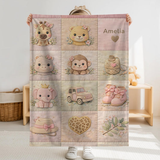Personalized patchwork look baby blanket featuring a soft safari-inspired quilt design in calm, neutral tones