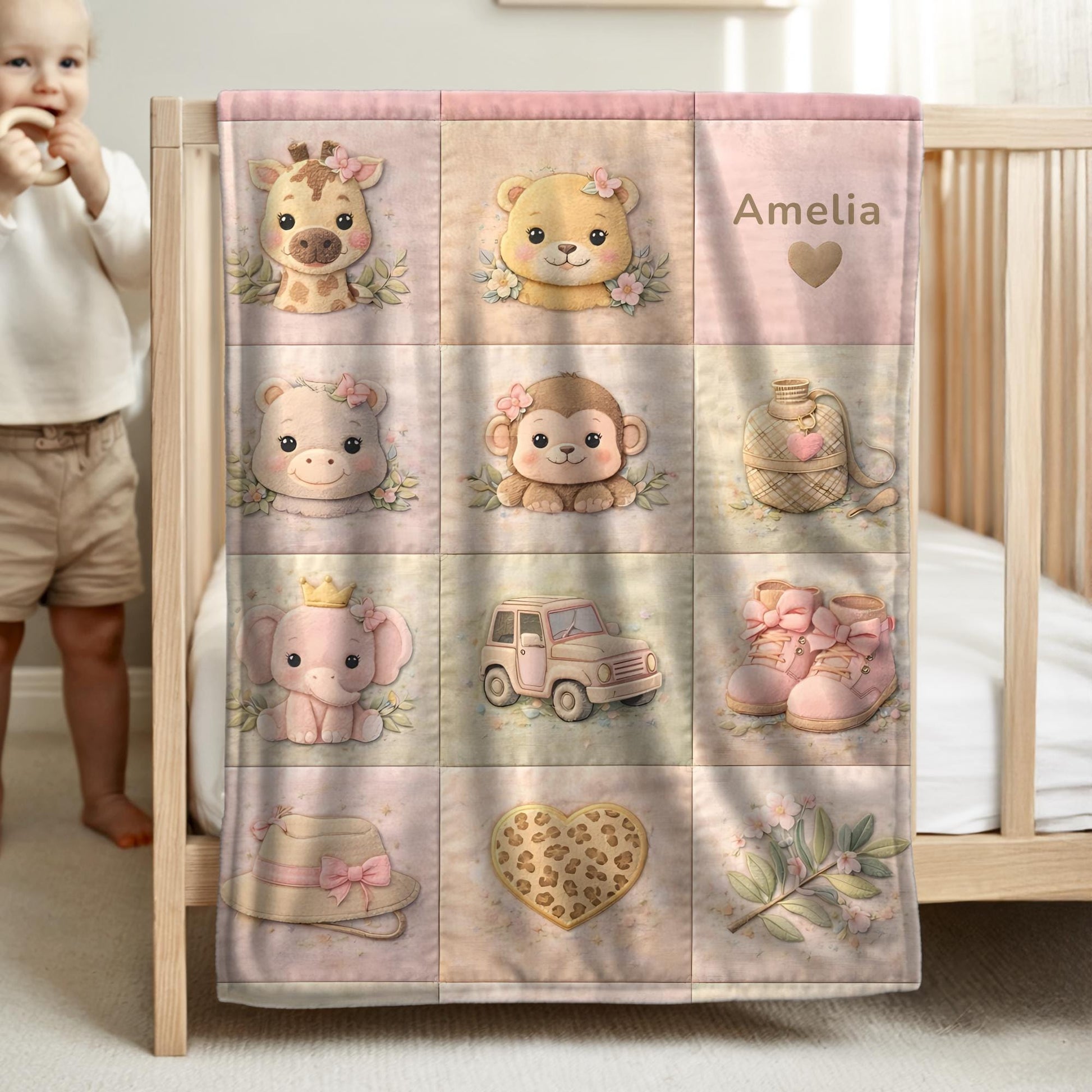Personalized patchwork look baby blanket featuring a soft safari-inspired quilt design in calm, neutral tones.