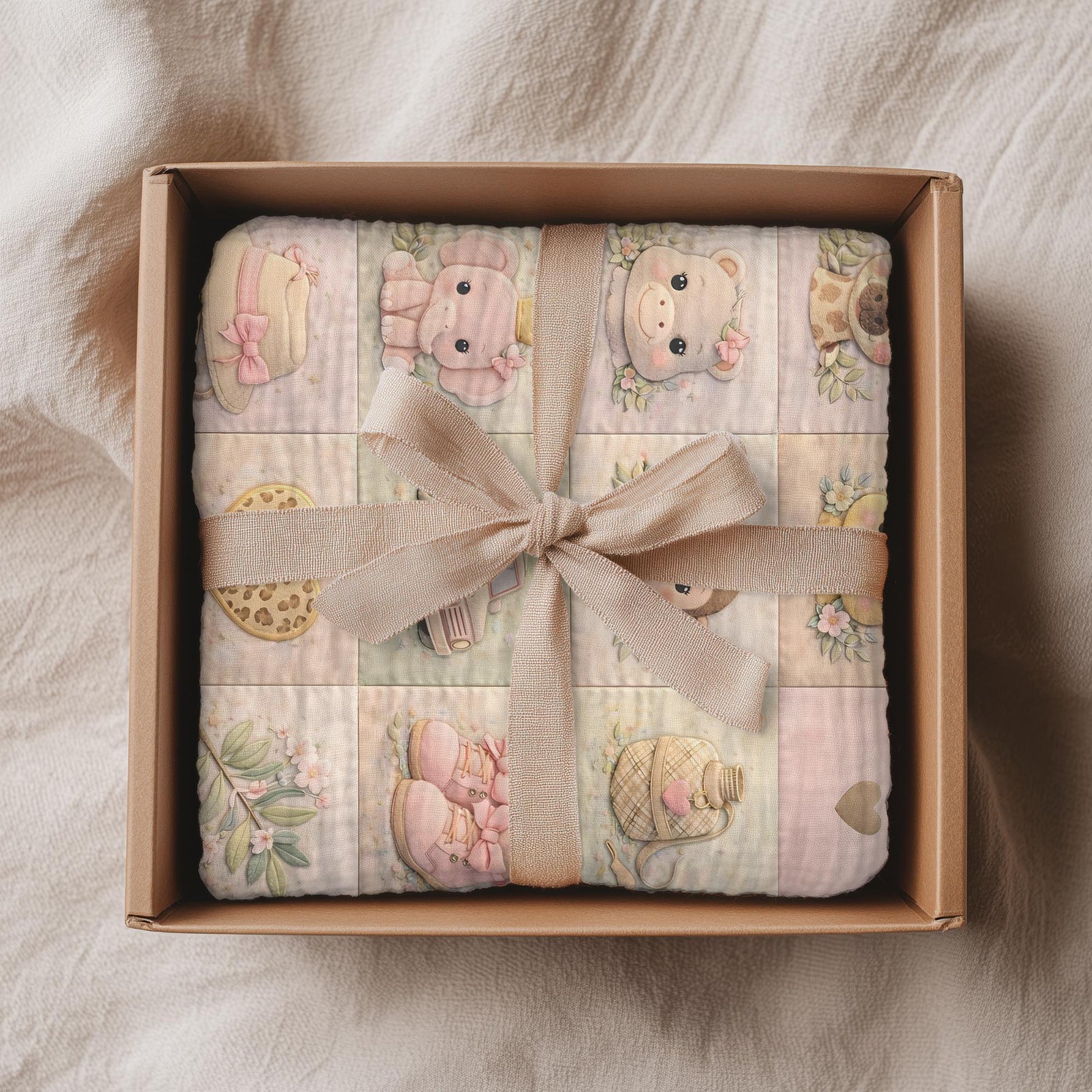 Personalized patchwork look baby blanket featuring a soft safari-inspired quilt design in calm, neutral tones