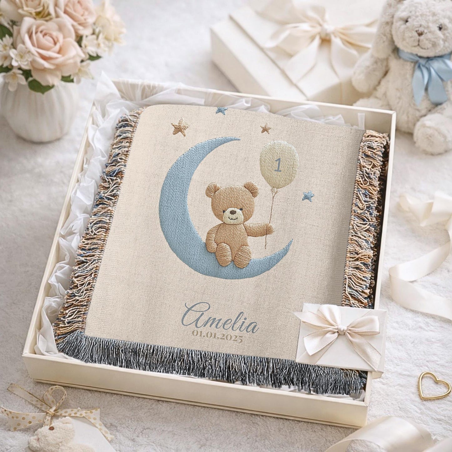 A timeless first birthday keepsake blanket, woven from cotton and personalized with your child’s name and a custom number — made to be gifted and treasured for a lifetime.