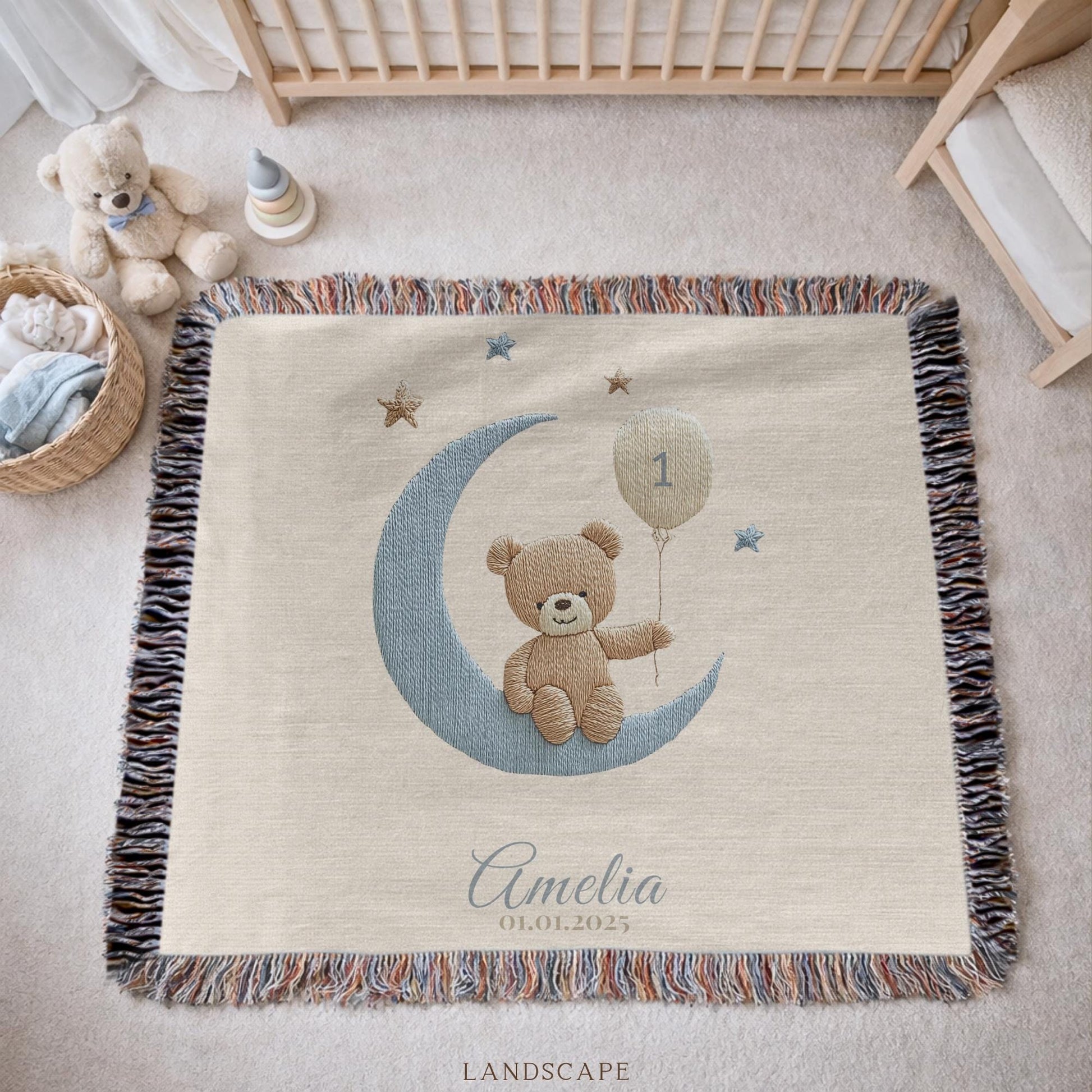 A timeless first birthday keepsake blanket, woven from cotton and personalized with your child’s name and a custom number — made to be gifted and treasured for a lifetime.