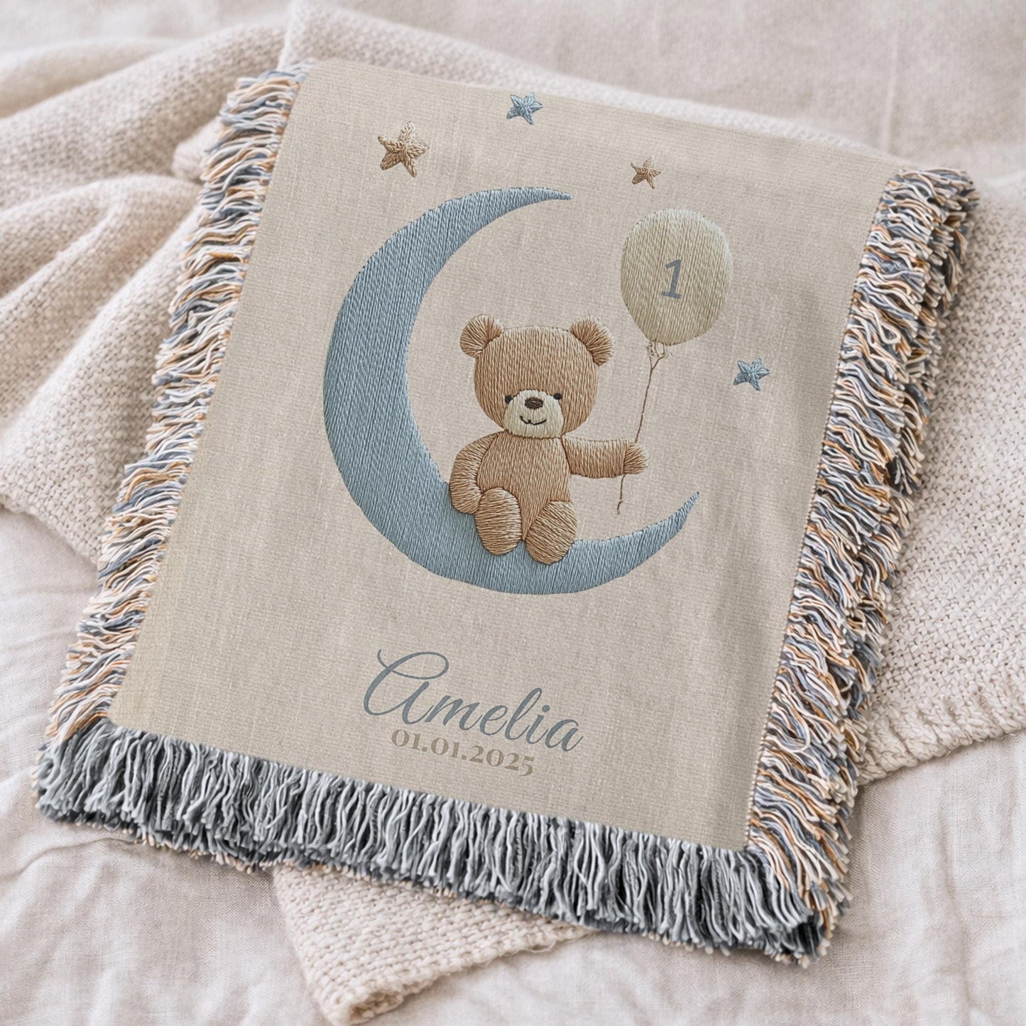 A timeless first birthday keepsake blanket, woven from cotton and personalized with your child’s name and a custom number — made to be gifted and treasured for a lifetime.