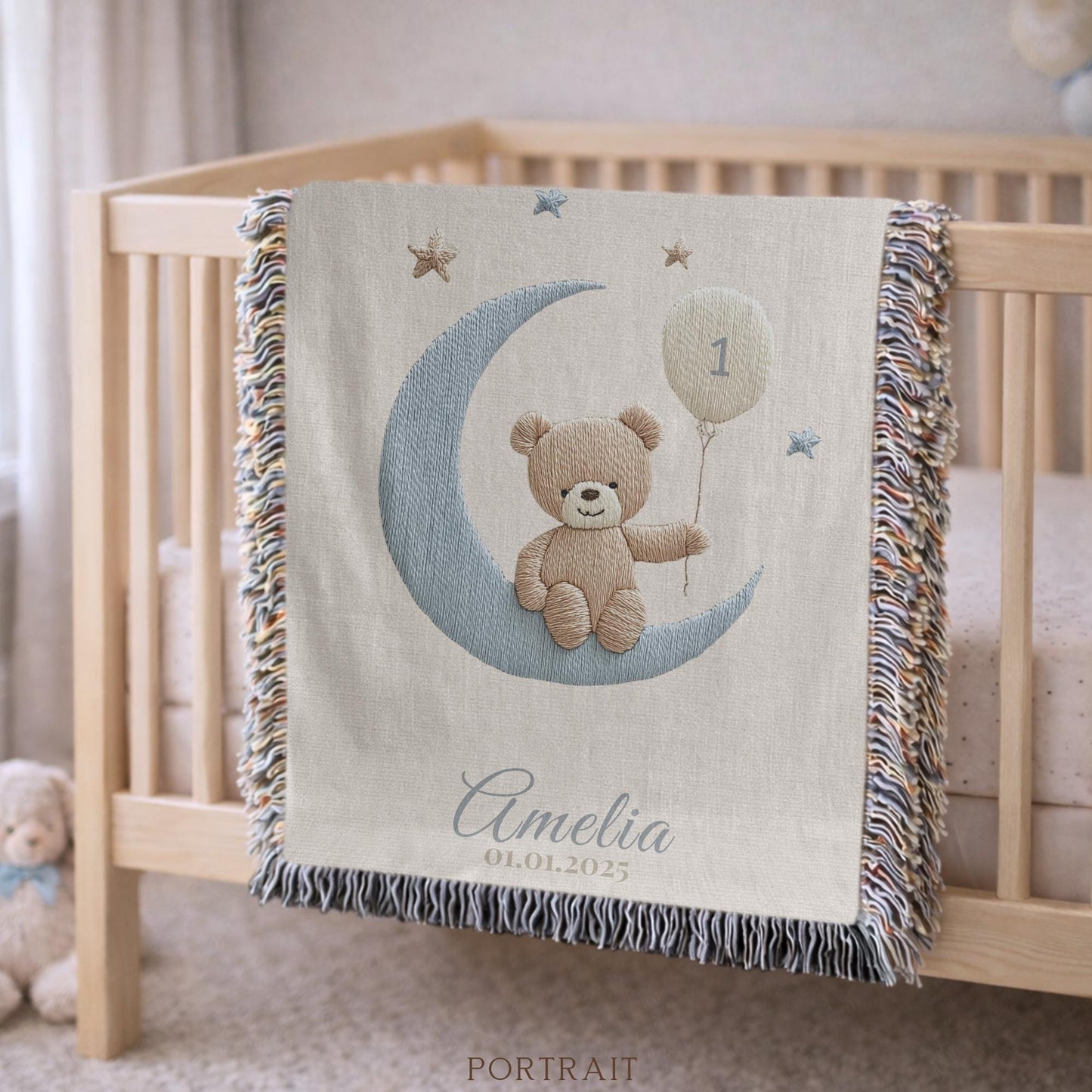A timeless first birthday keepsake blanket, woven from cotton and personalized with your child’s name and a custom number — made to be gifted and treasured for a lifetime.