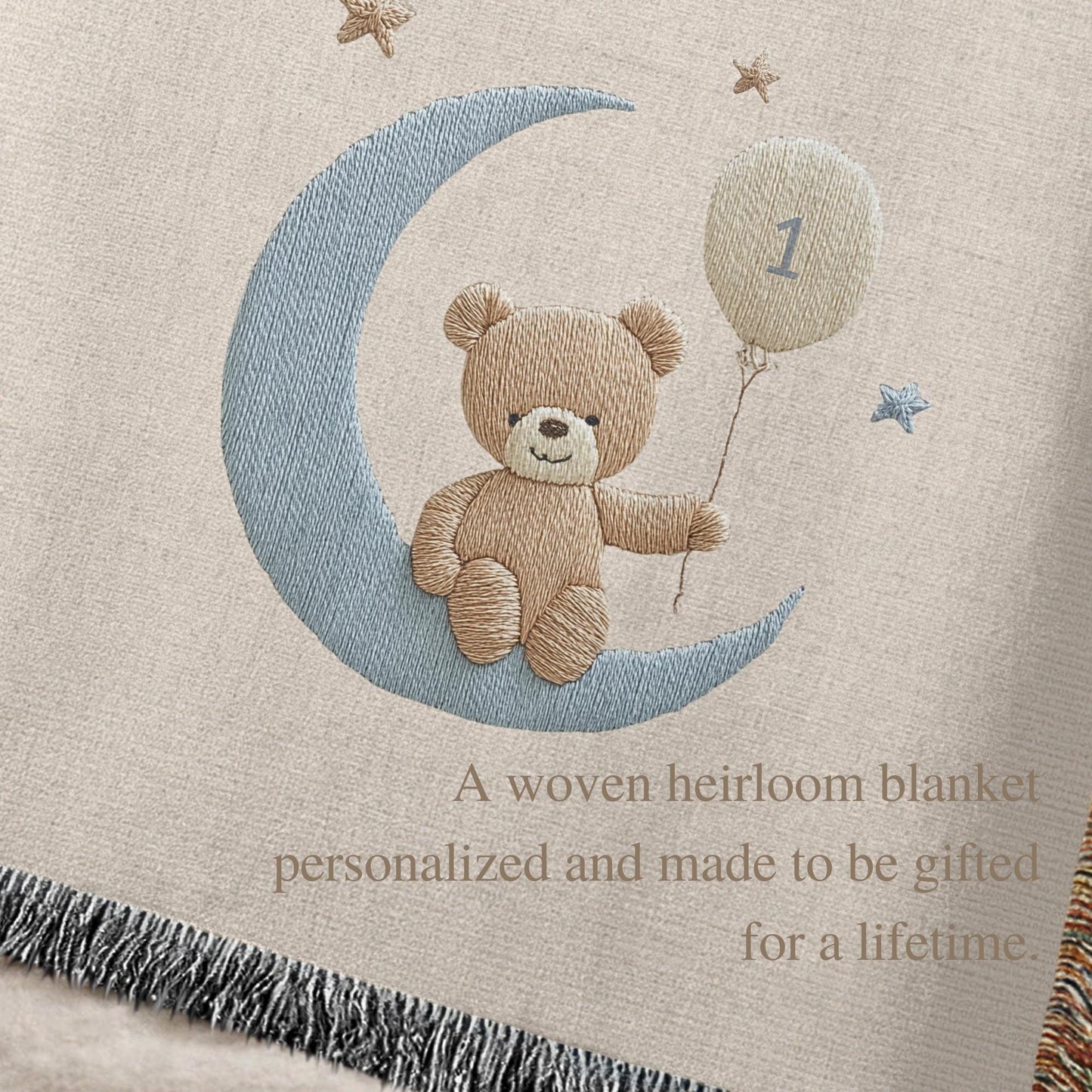 A timeless first birthday keepsake blanket, woven from cotton and personalized with your child’s name and a custom number — made to be gifted and treasured for a lifetime.