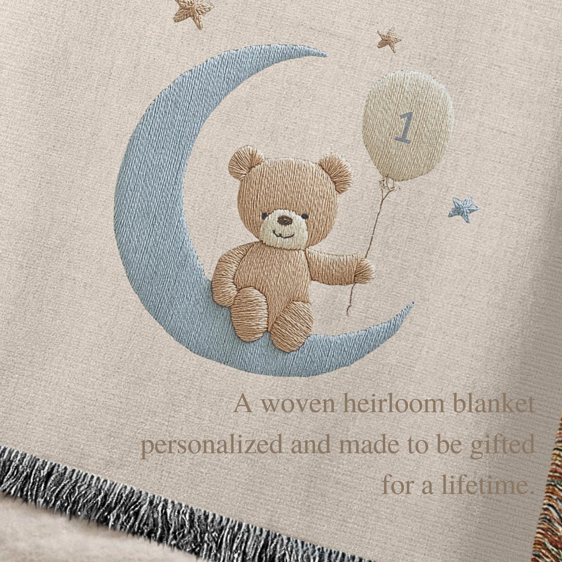 A timeless first birthday keepsake blanket, woven from cotton and personalized with your child’s name and a custom number — made to be gifted and treasured for a lifetime.