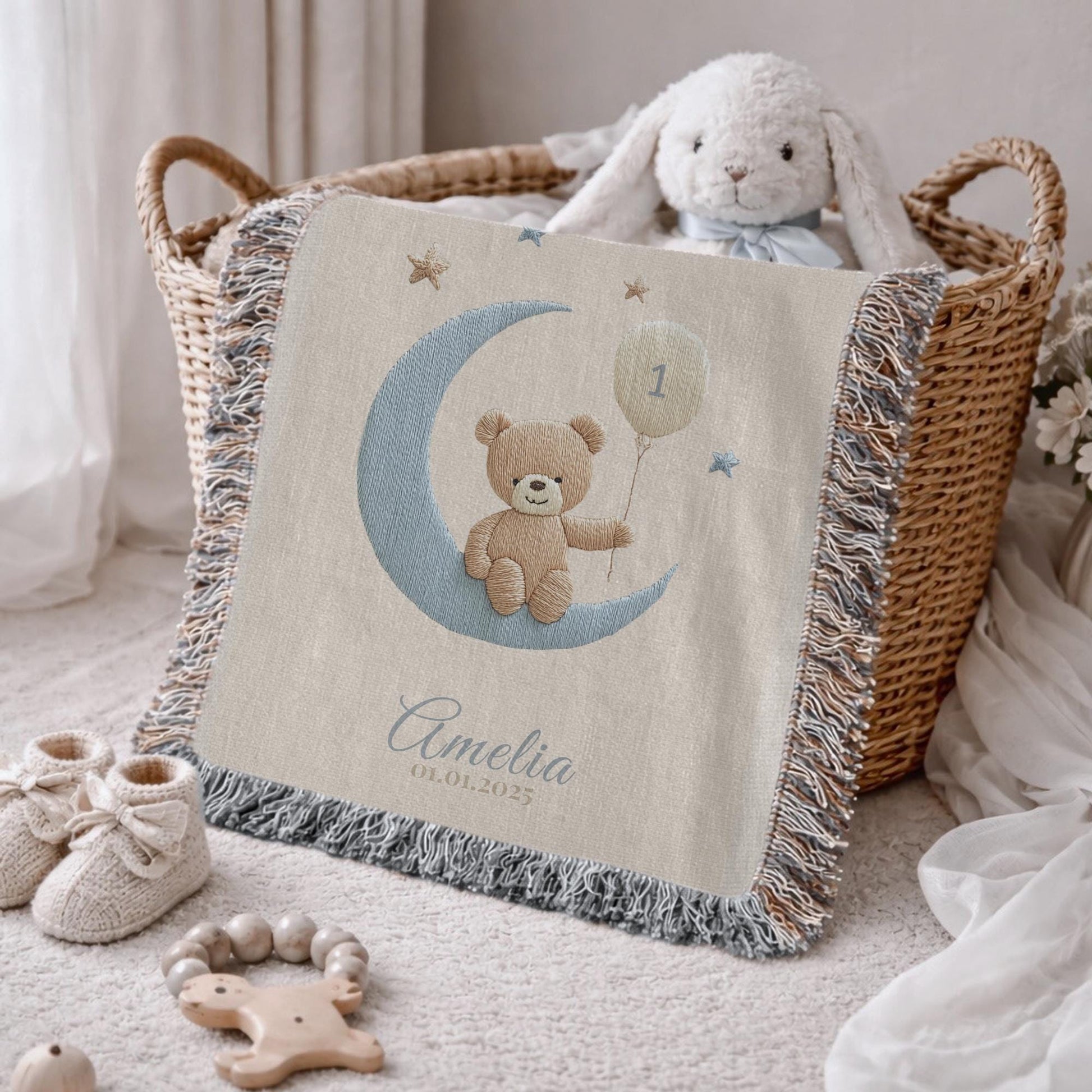 A timeless first birthday keepsake blanket, woven from cotton and personalized with your child’s name and a custom number — made to be gifted and treasured for a lifetime.