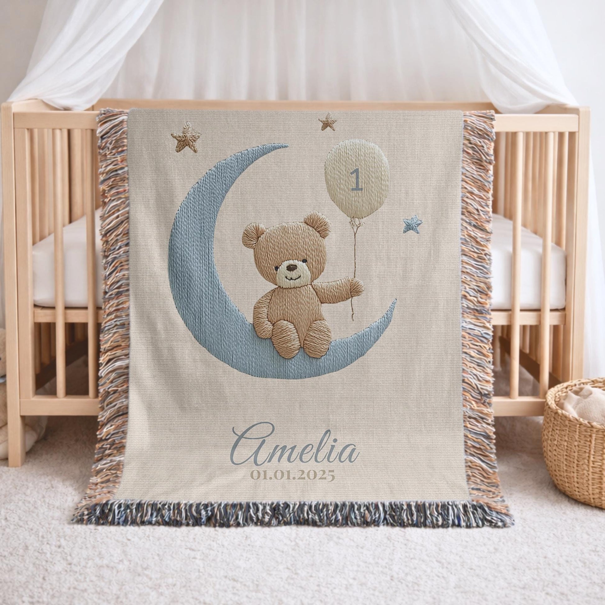 A timeless first birthday keepsake blanket, woven from cotton and personalized with your child’s name and a custom number — made to be gifted and treasured for a lifetime.