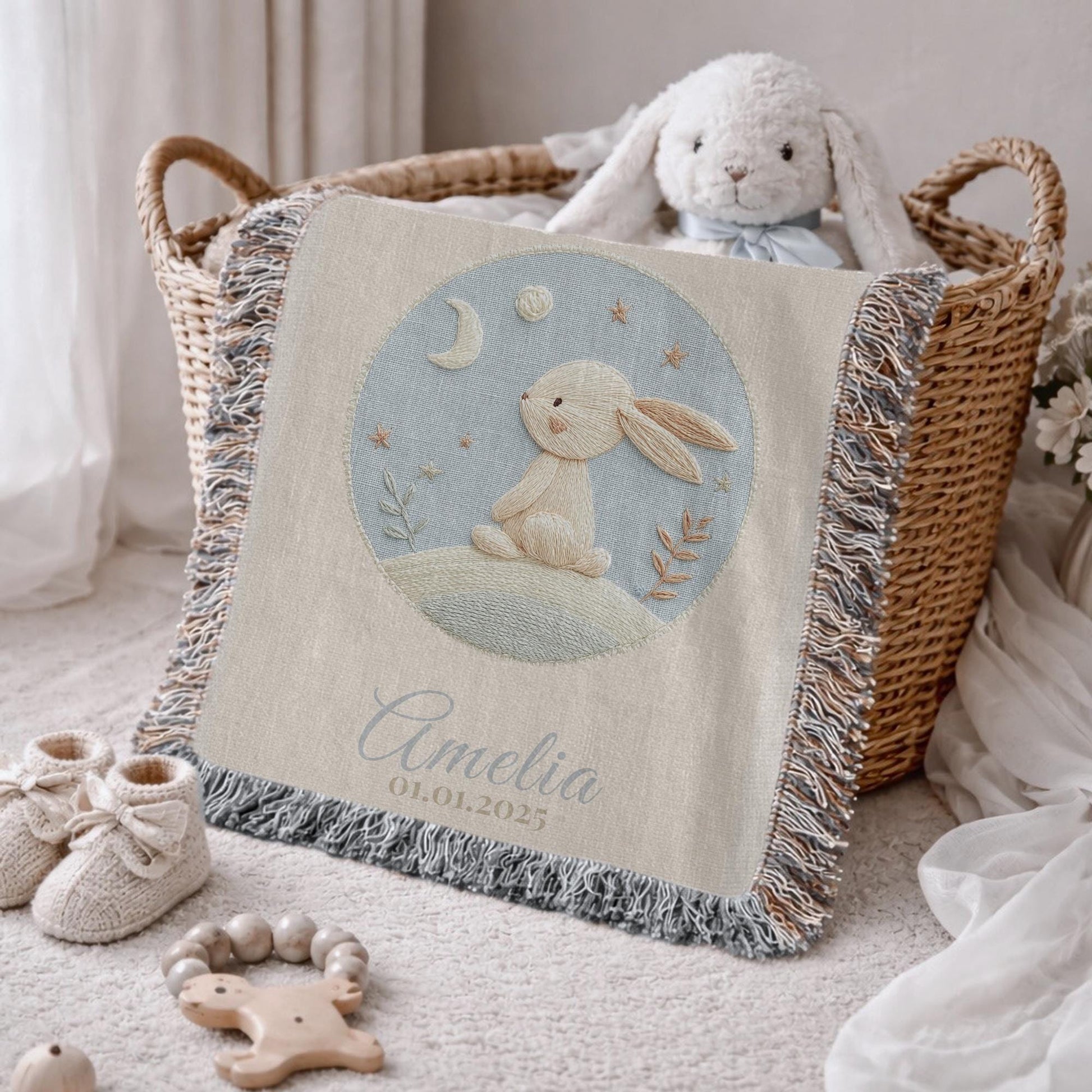 Personalized bunny woven blanket made from 100% cotton.Embroidered-look baby bunny design, custom name &  optional birth date — a calm nursery tapestry and keepsake gift.