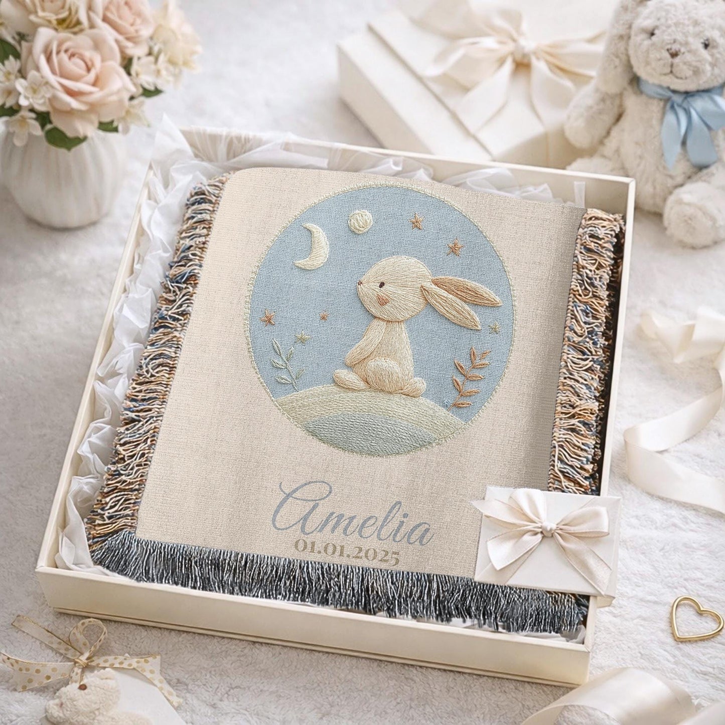 Personalized bunny woven blanket made from 100% cotton.Embroidered-look baby bunny design, custom name &  optional birth date — a calm nursery tapestry and keepsake gift.