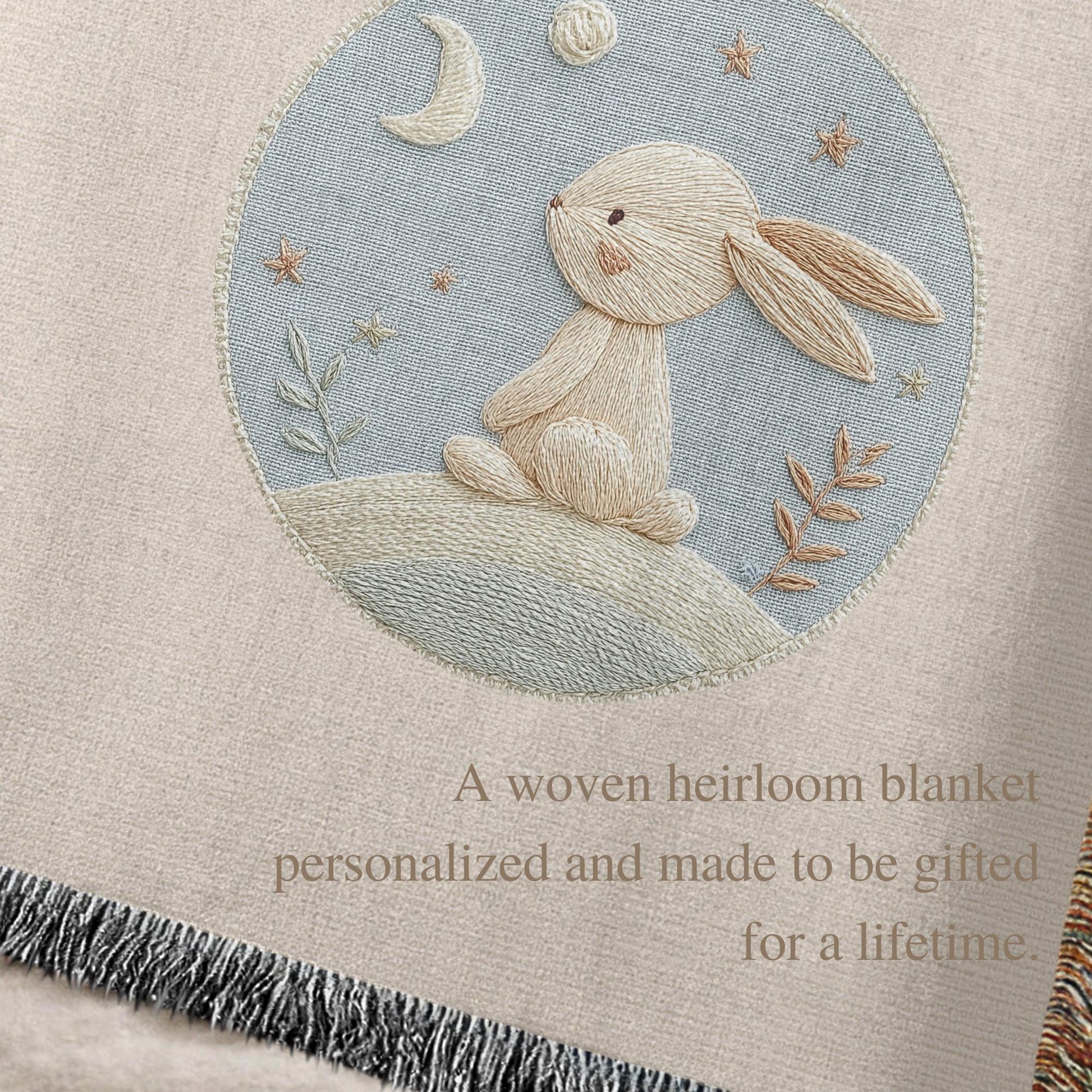 Personalized bunny woven blanket made from 100% cotton.Embroidered-look baby bunny design, custom name &  optional birth date — a calm nursery tapestry and keepsake gift.