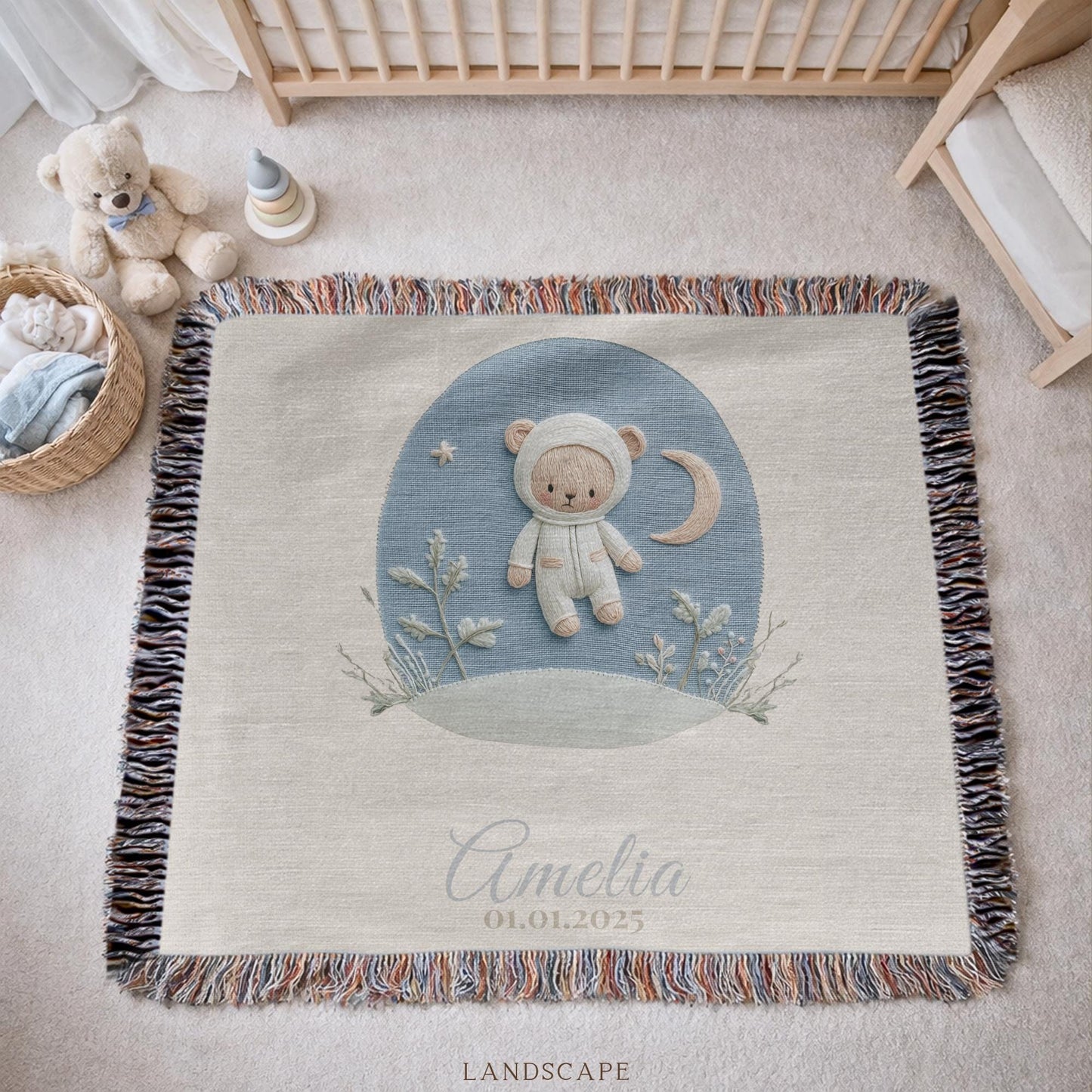 Personalized astronaut teddy woven blanket made from 100% cotton. A calm space-themed nursery design with a teddy bear in an astronaut suit, woven in an embroidered-look finish — custom name and optional birth date included.