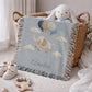 Personalized elephant woven blanket made from 100% cotton. A soft sky-themed nursery design featuring a baby elephant floating with balloons, woven in an embroidered-look finish — custom name and optional birth date included.