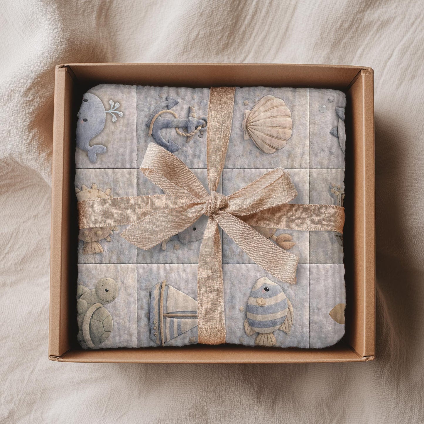 This personalized ocean baby quilt look blanket is custom made with your baby’s name and features a calm patchwork look in beige, sand and blue tones.
