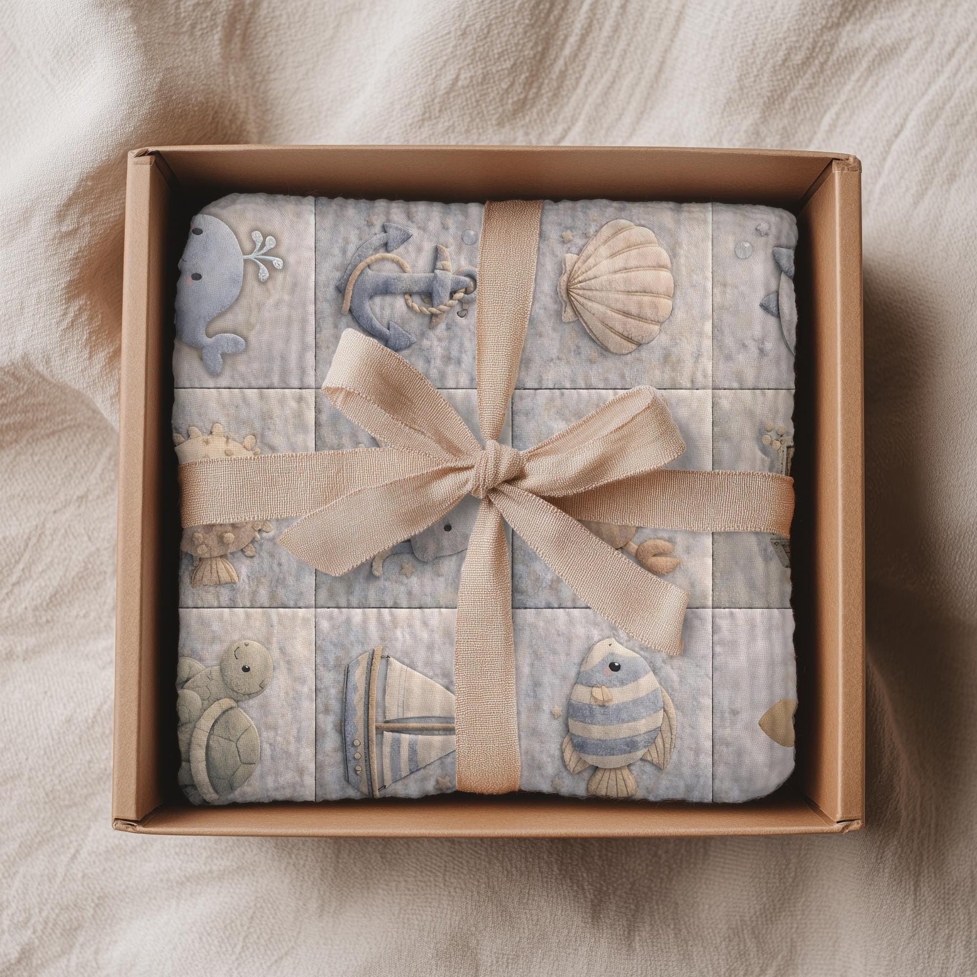 This personalized ocean baby quilt look blanket is custom made with your baby’s name and features a calm patchwork look in beige, sand and blue tones.