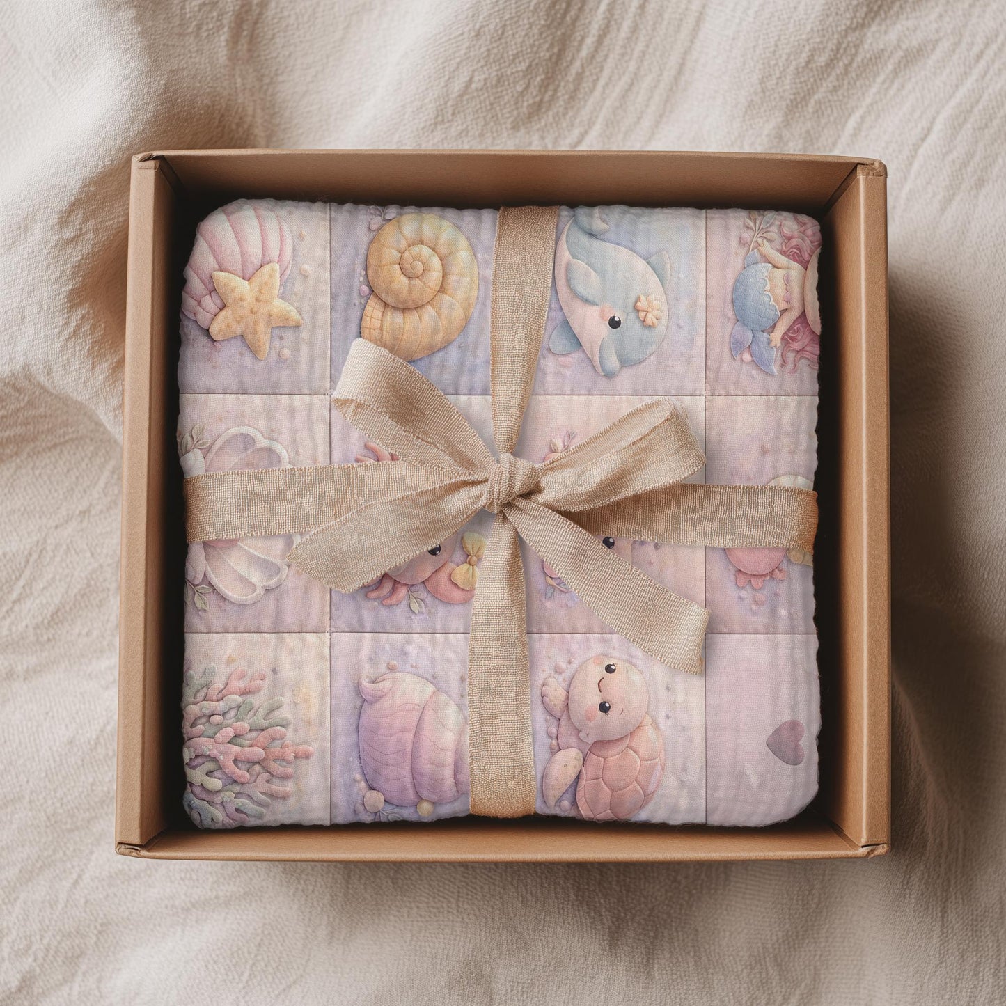 A personalized pink ocean baby quilt blanket with your baby’s name, designed in a soft patchwork look with gentle mermaid-inspired sea motifs.