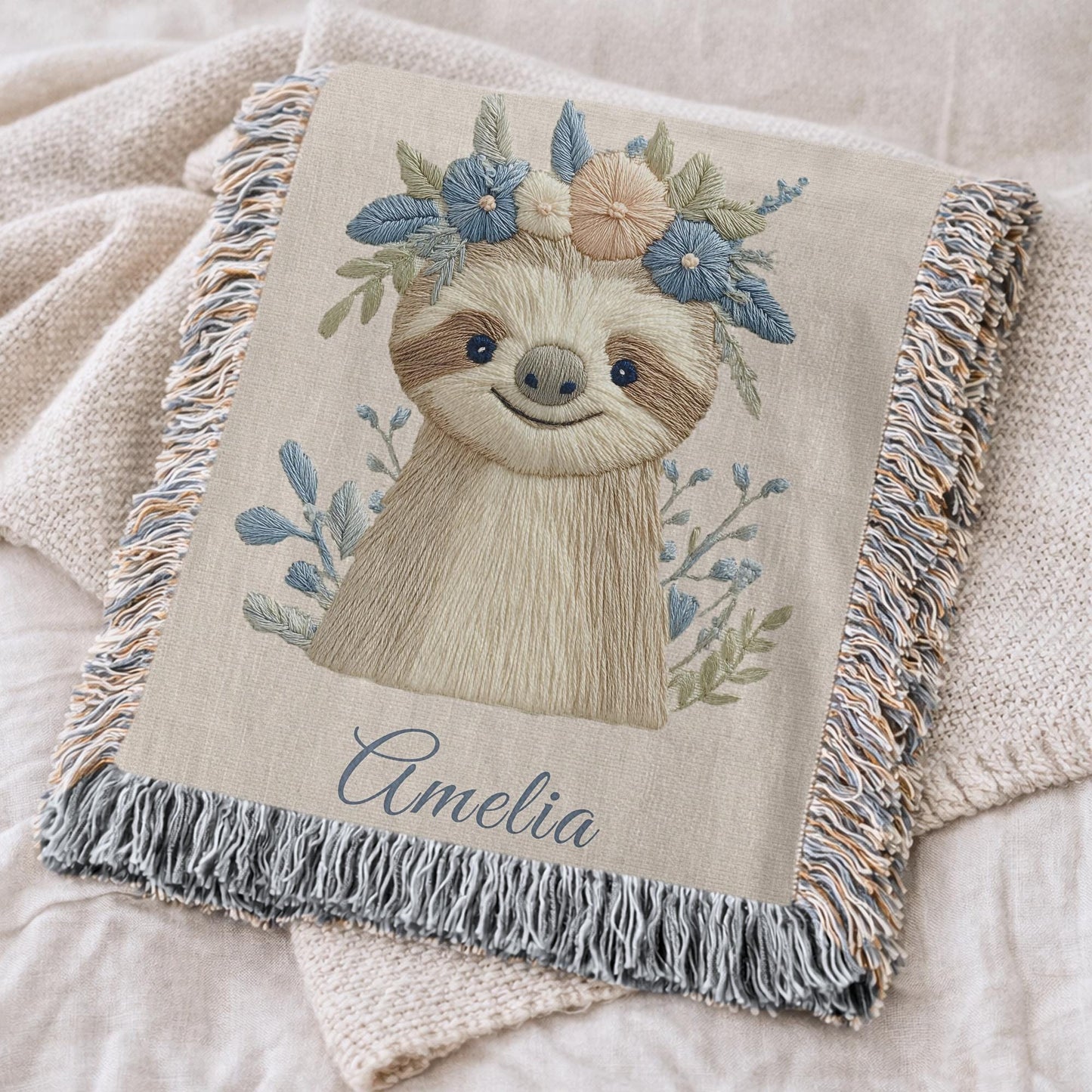 Woven cotton baby blanket with a calm sloth design. Personalized with name, neutral nursery decor and a timeless heirloom newborn gift.