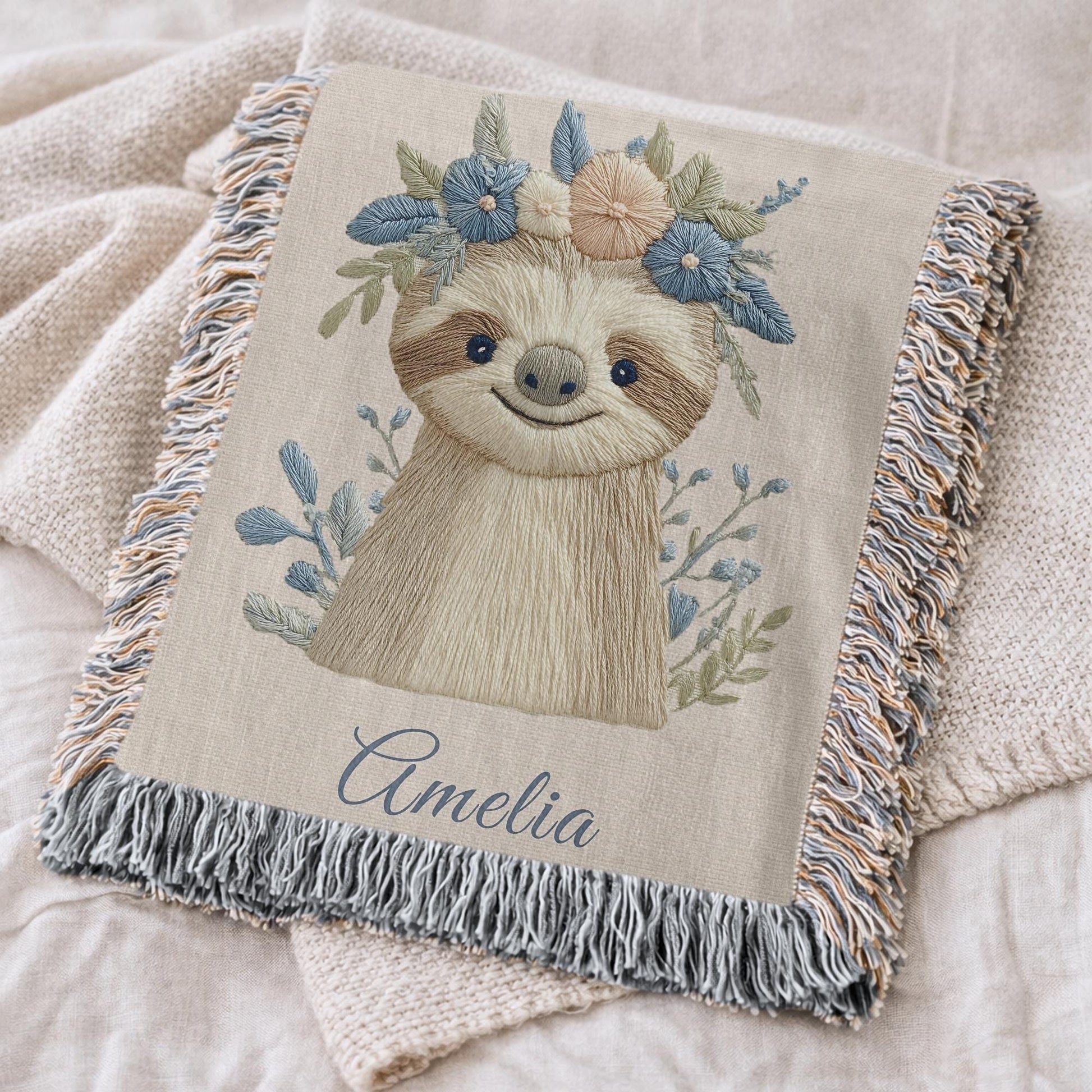 Woven cotton baby blanket with a calm sloth design. Personalized with name, neutral nursery decor and a timeless heirloom newborn gift.