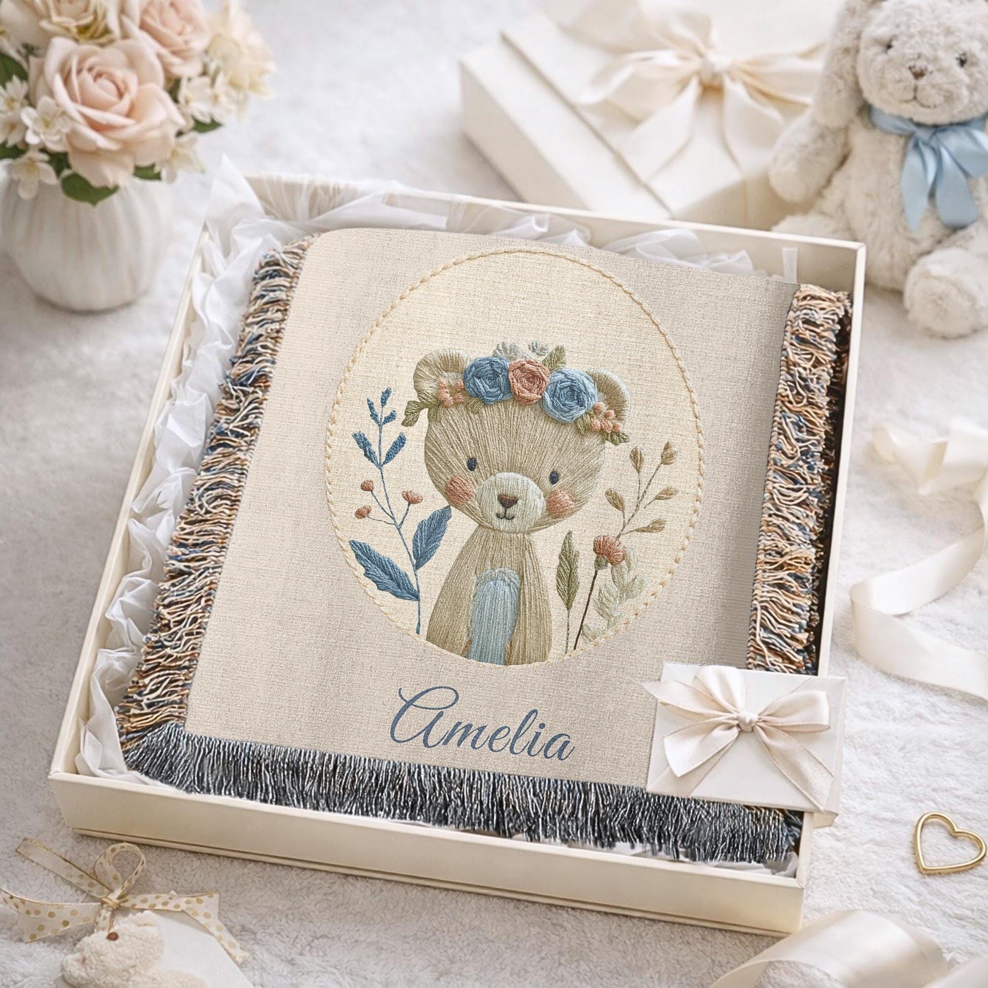 Personalized Bear woven cotton baby blanket with a calm floral bear design. Neutral nursery decor and a timeless heirloom newborn gift