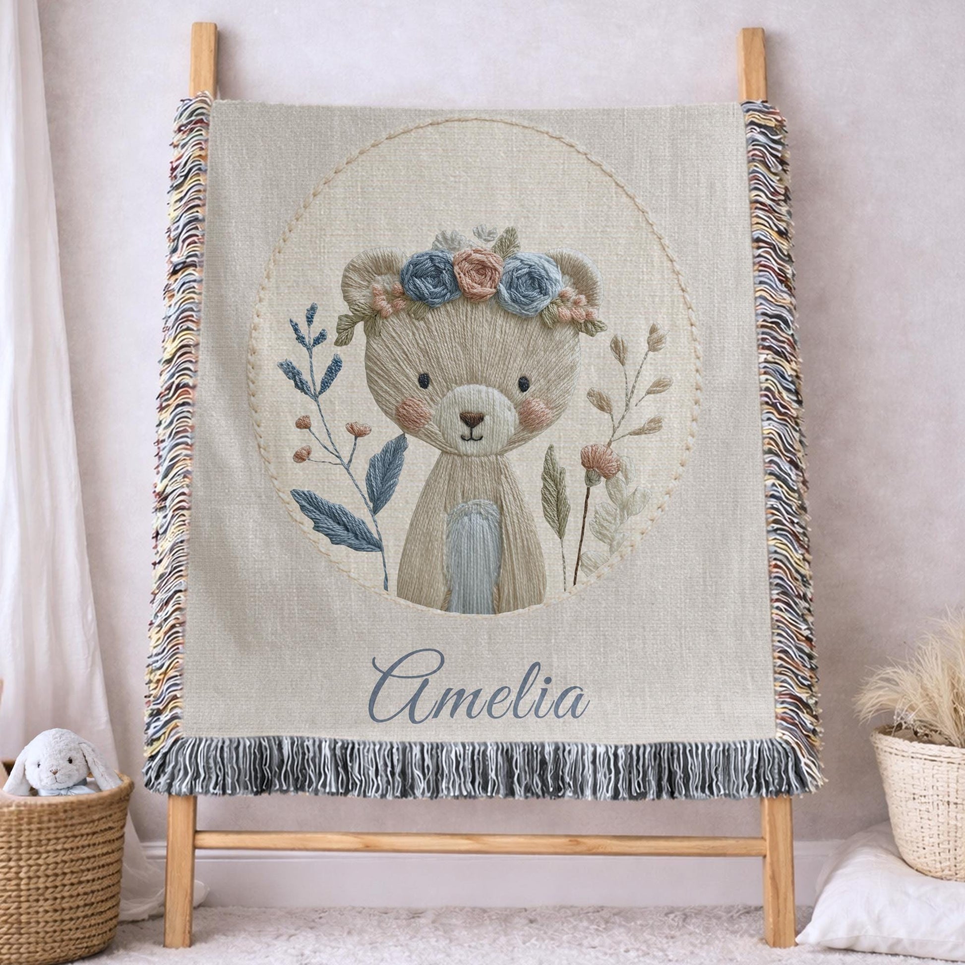 Personalized Bear woven cotton baby blanket with a calm floral bear design. Neutral nursery decor and a timeless heirloom newborn gift