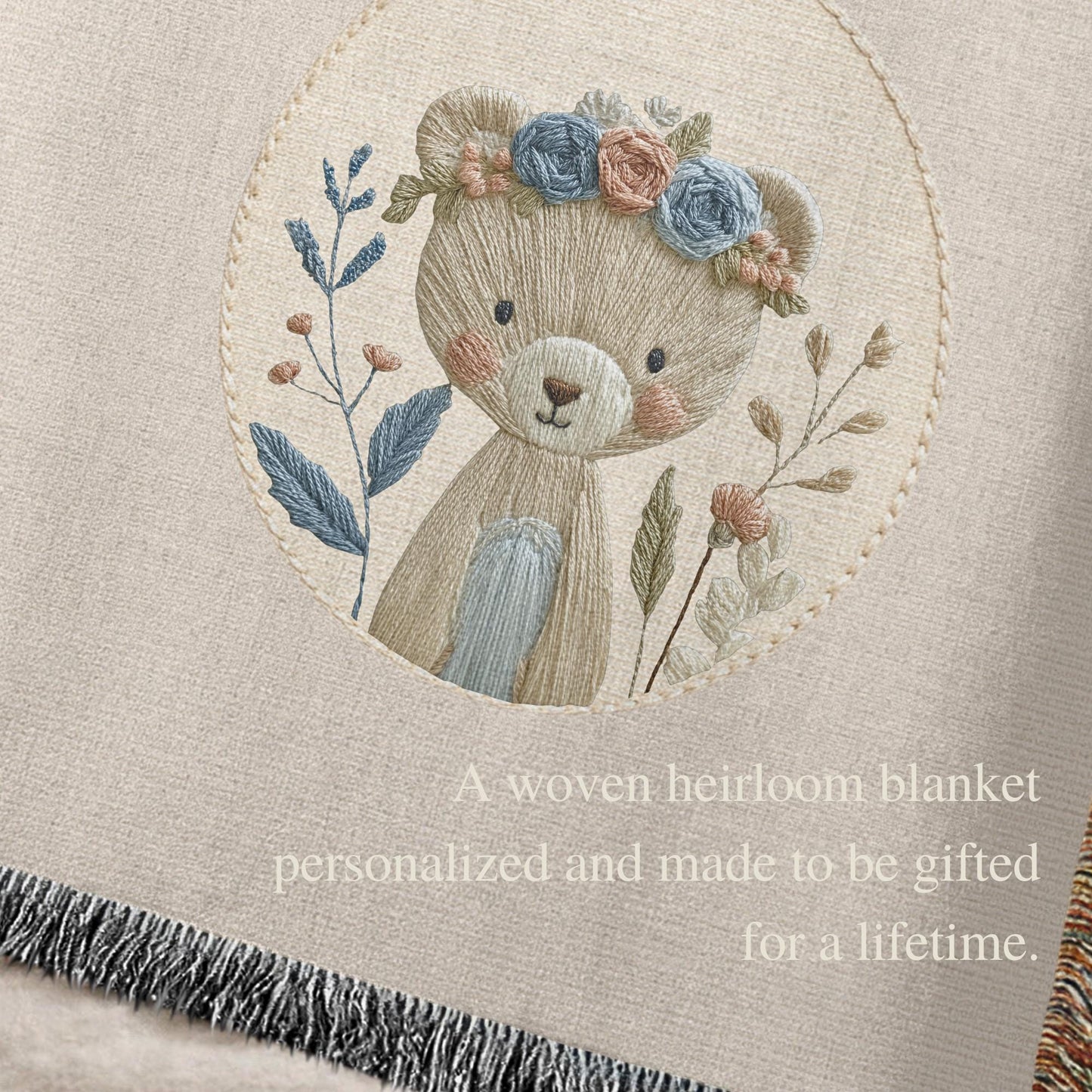 Personalized Bear woven cotton baby blanket with a calm floral bear design. Neutral nursery decor and a timeless heirloom newborn gift