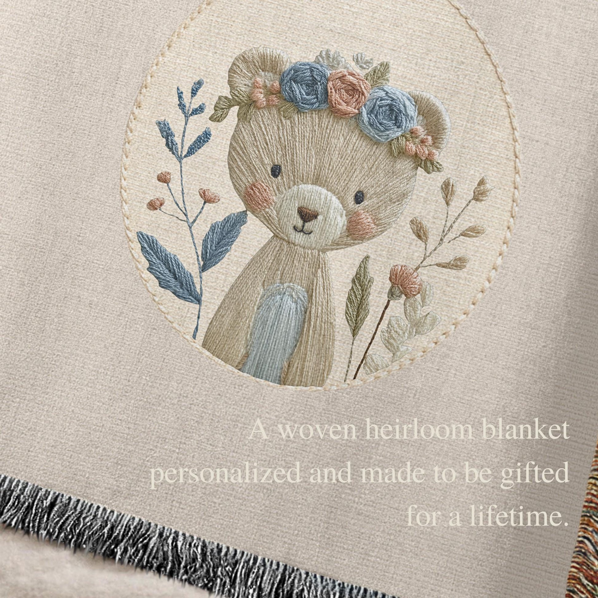 Personalized Bear woven cotton baby blanket with a calm floral bear design. Neutral nursery decor and a timeless heirloom newborn gift