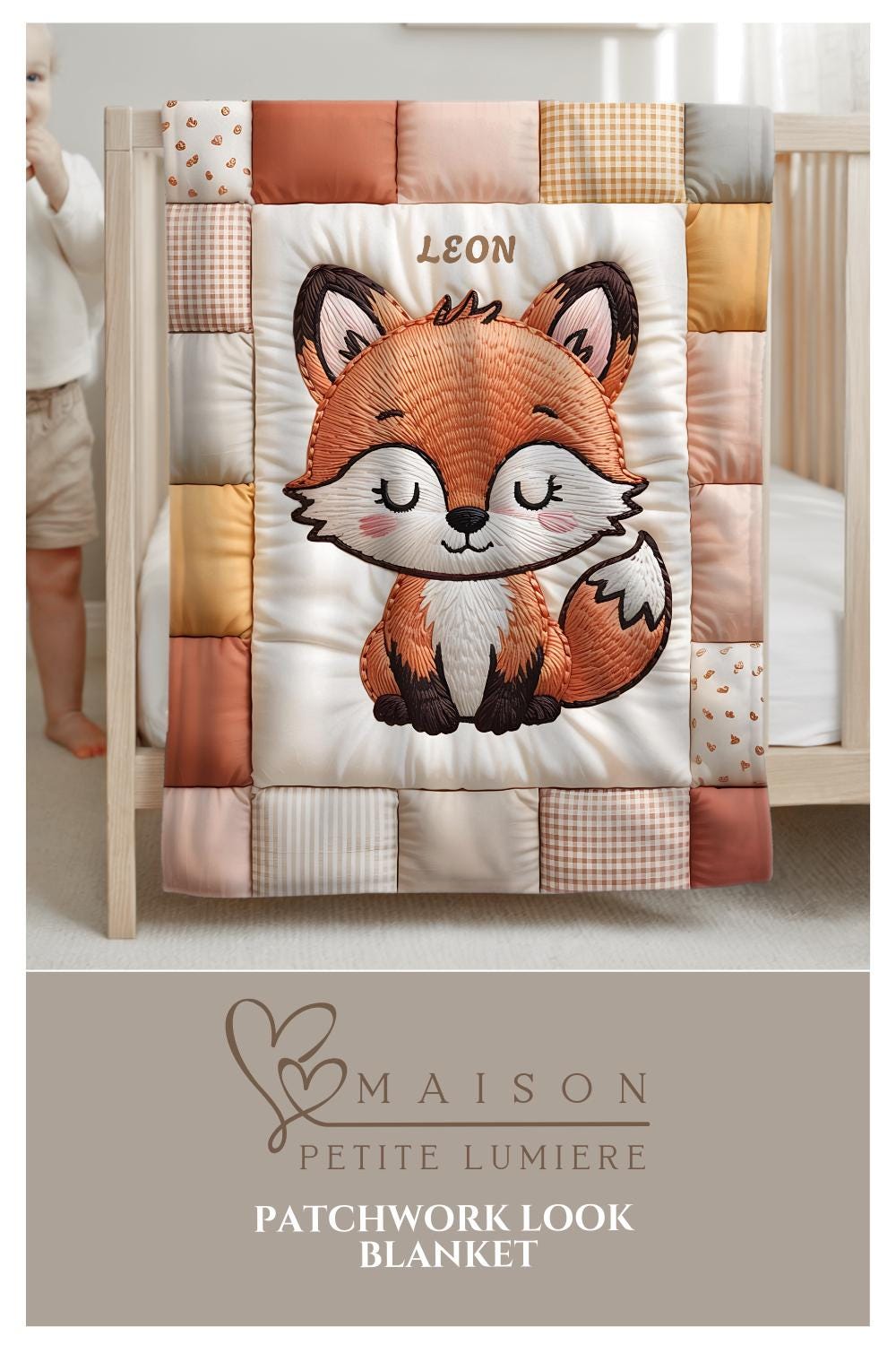 A timeless heirloom-style baby quilt featuring a woodland fox in an embroidered-look patchwork design. Soft neutral tones, perfect for nursery decor or a newborn gift.