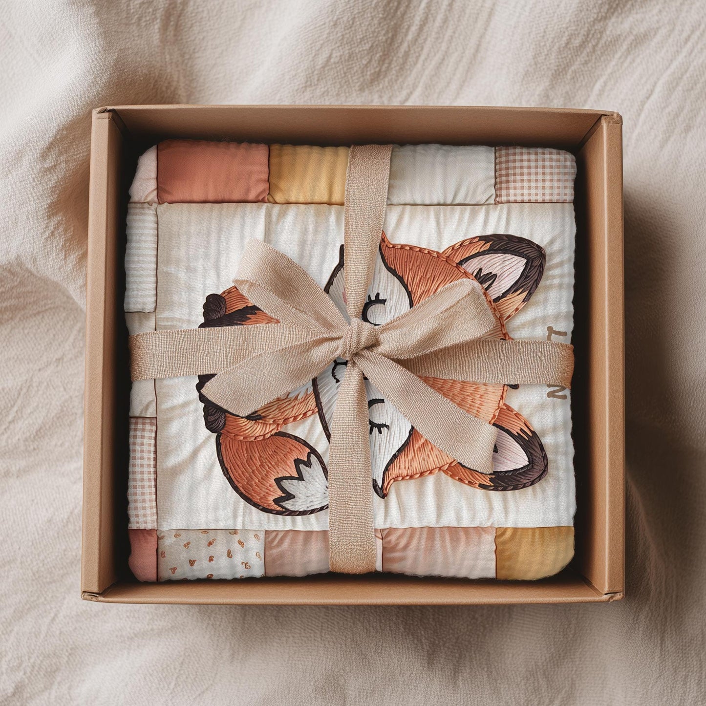 A timeless heirloom-style baby quilt featuring a woodland fox in an embroidered-look patchwork design. Soft neutral tones, perfect for nursery decor or a newborn gift.