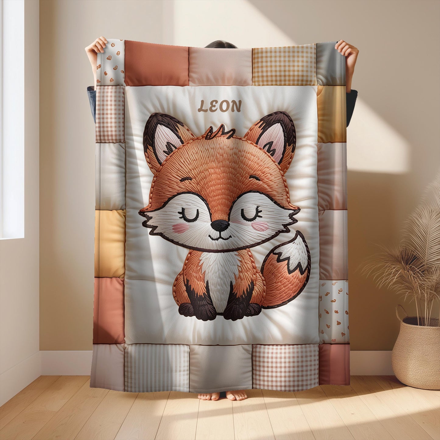 A timeless heirloom-style baby quilt featuring a woodland fox in an embroidered-look patchwork design. Soft neutral tones, perfect for nursery decor or a newborn gift.