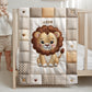 A personalized baby quilt blanket featuring a sweet lion in an heirloom-style patchwork look. Soft neutral tones – perfect for safari or neutral nurseries.