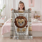 A personalized baby quilt blanket featuring a sweet lion in an heirloom-style patchwork look. Soft neutral tones – perfect for safari or neutral nurseries.
