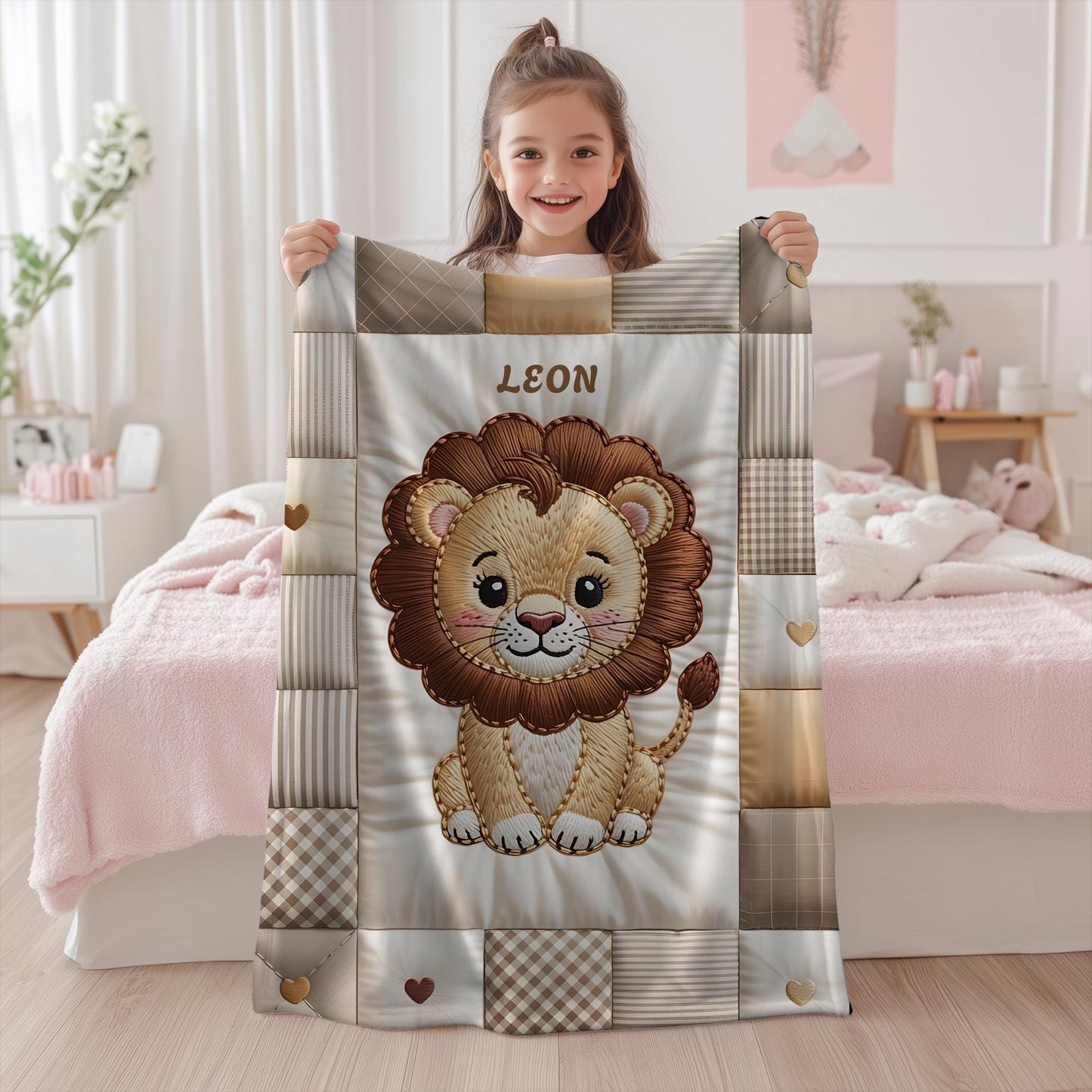 A personalized baby quilt blanket featuring a sweet lion in an heirloom-style patchwork look. Soft neutral tones – perfect for safari or neutral nurseries.