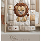 A personalized baby quilt blanket featuring a sweet lion in an heirloom-style patchwork look. Soft neutral tones – perfect for safari or neutral nurseries.