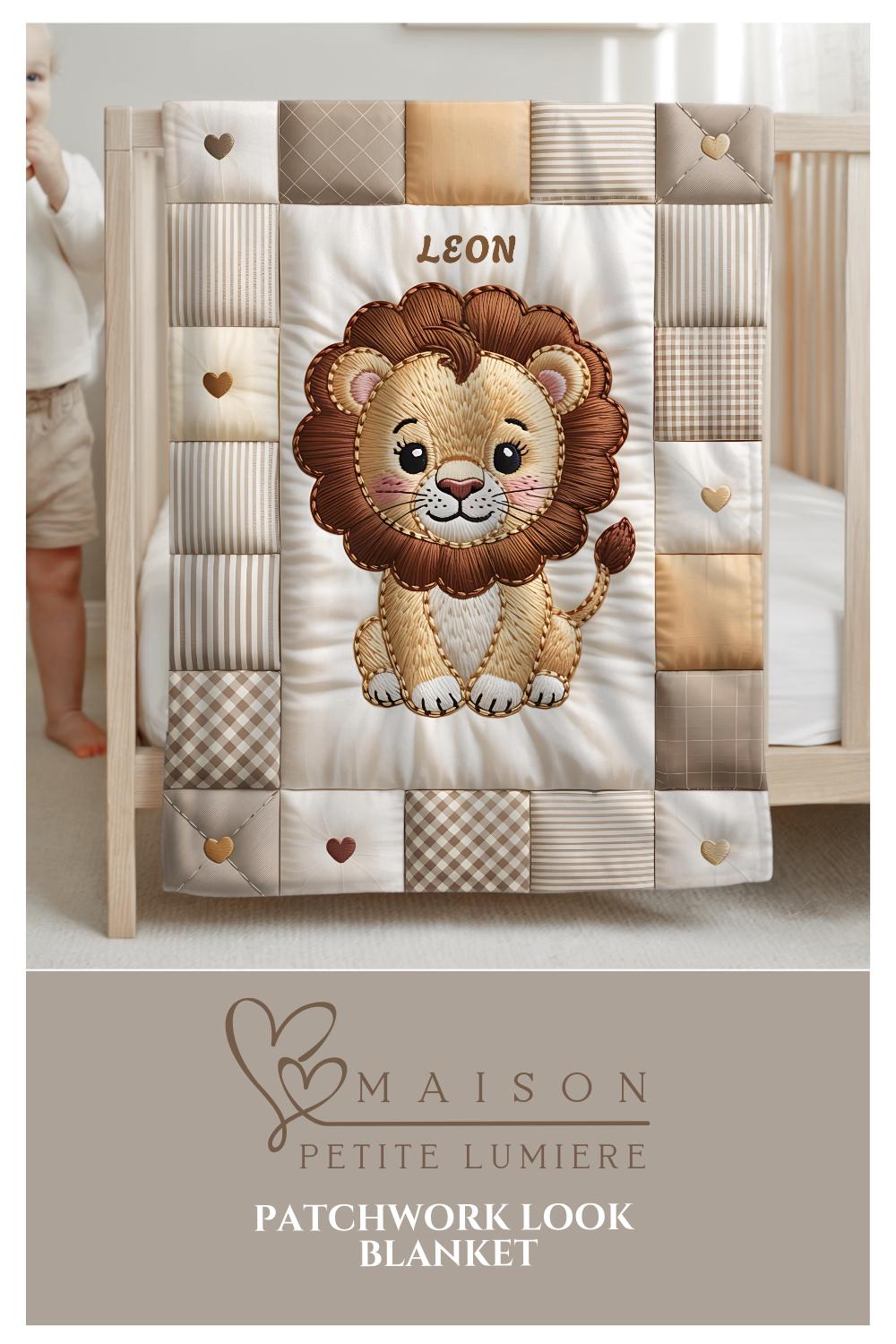 A personalized baby quilt blanket featuring a sweet lion in an heirloom-style patchwork look. Soft neutral tones – perfect for safari or neutral nurseries.