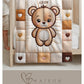 A personalized baby quilt blanket featuring a sweet teddy bear in an embroidered-look patchwork design. Soft neutral tones, perfect for nursery decor or a newborn gift.