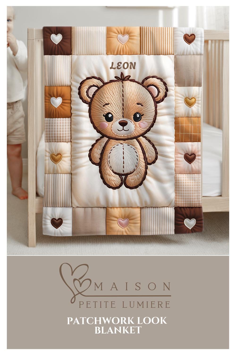 A personalized baby quilt blanket featuring a sweet teddy bear in an embroidered-look patchwork design. Soft neutral tones, perfect for nursery decor or a newborn gift.
