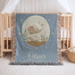 Personalized woven cotton baby blanket featuring a calm elephant under the moon. Embroidered-look design, custom name & birth date — timeless nursery decor.