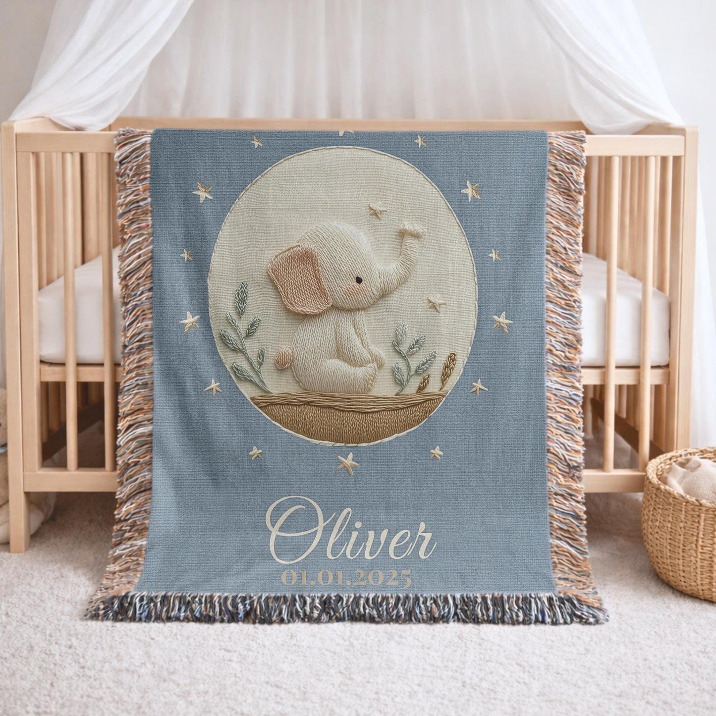 Personalized woven cotton baby blanket featuring a calm elephant under the moon. Embroidered-look design, custom name & birth date — timeless nursery decor.