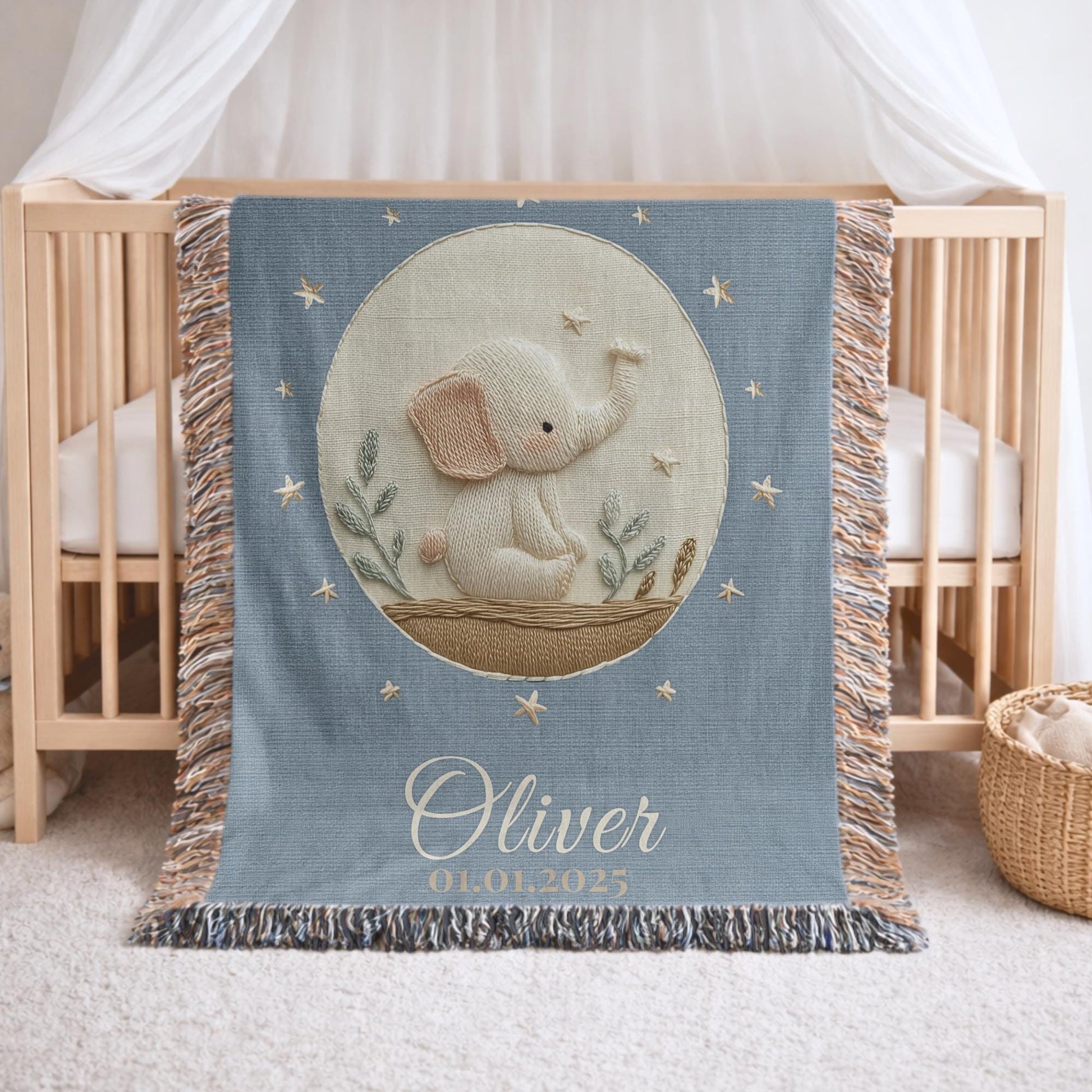 Personalized woven cotton baby blanket featuring a calm elephant under the moon. Embroidered-look design, custom name & birth date — timeless nursery decor.